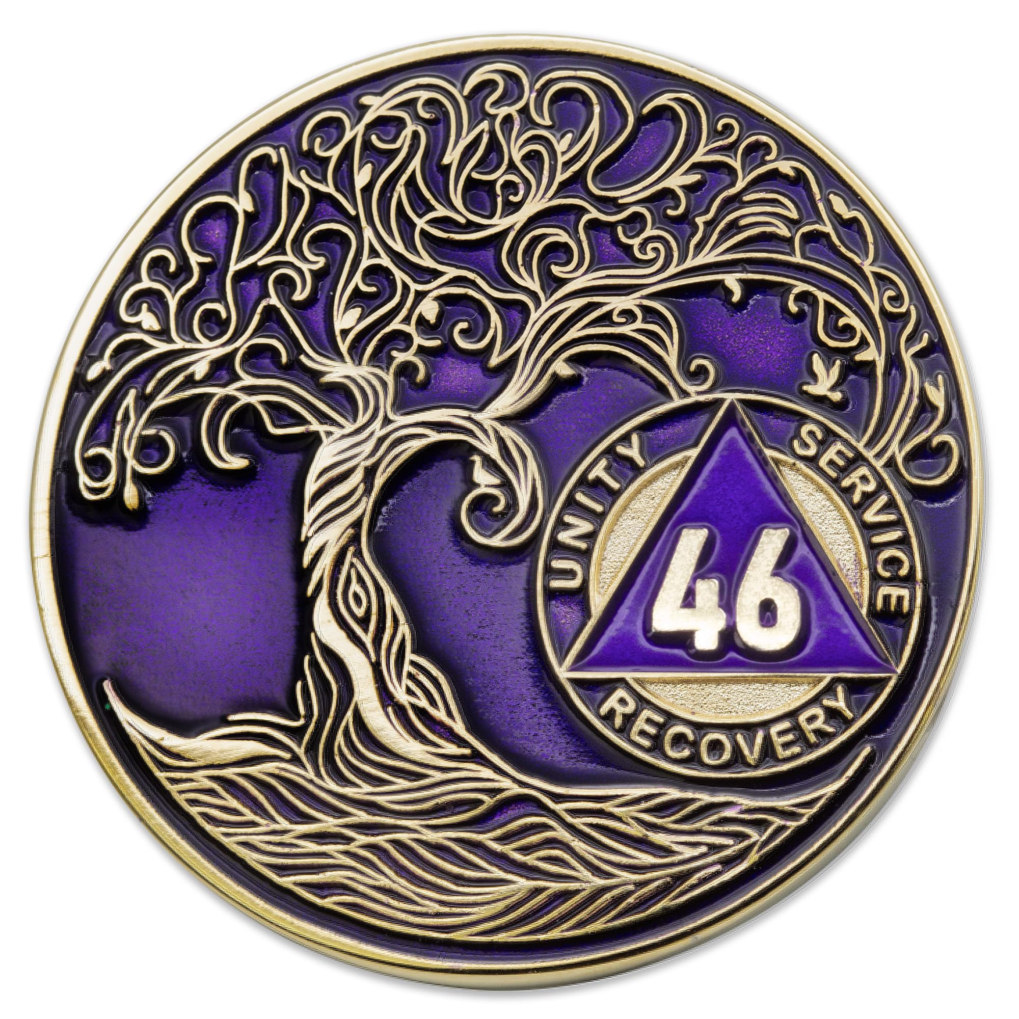 1 to 50 Year Twisted Tree of Life Sobriety Coin - Gold Plated AA Chips &amp; Medallions - 46 Year Sobriety Coin - Purple