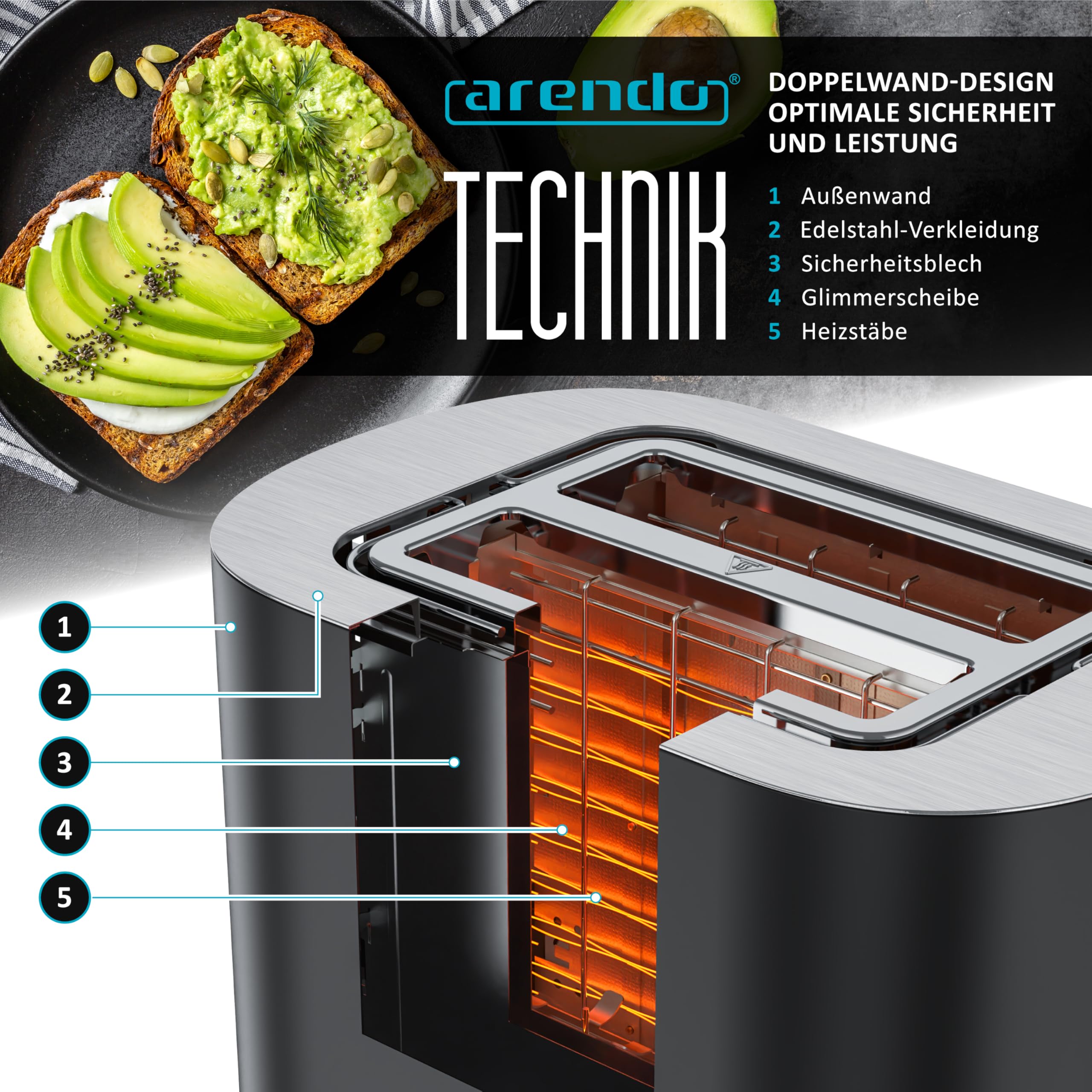 Arendo - Edelstahl Toaster 2 Scheiben - Touchscreen – Doppelwandgehäuse – 800 W – Integrierter Brötchenaufsatz – 6 Bräunungsgrade – Brotzentrierung – Restzeitanzeige – Memoryfunktion