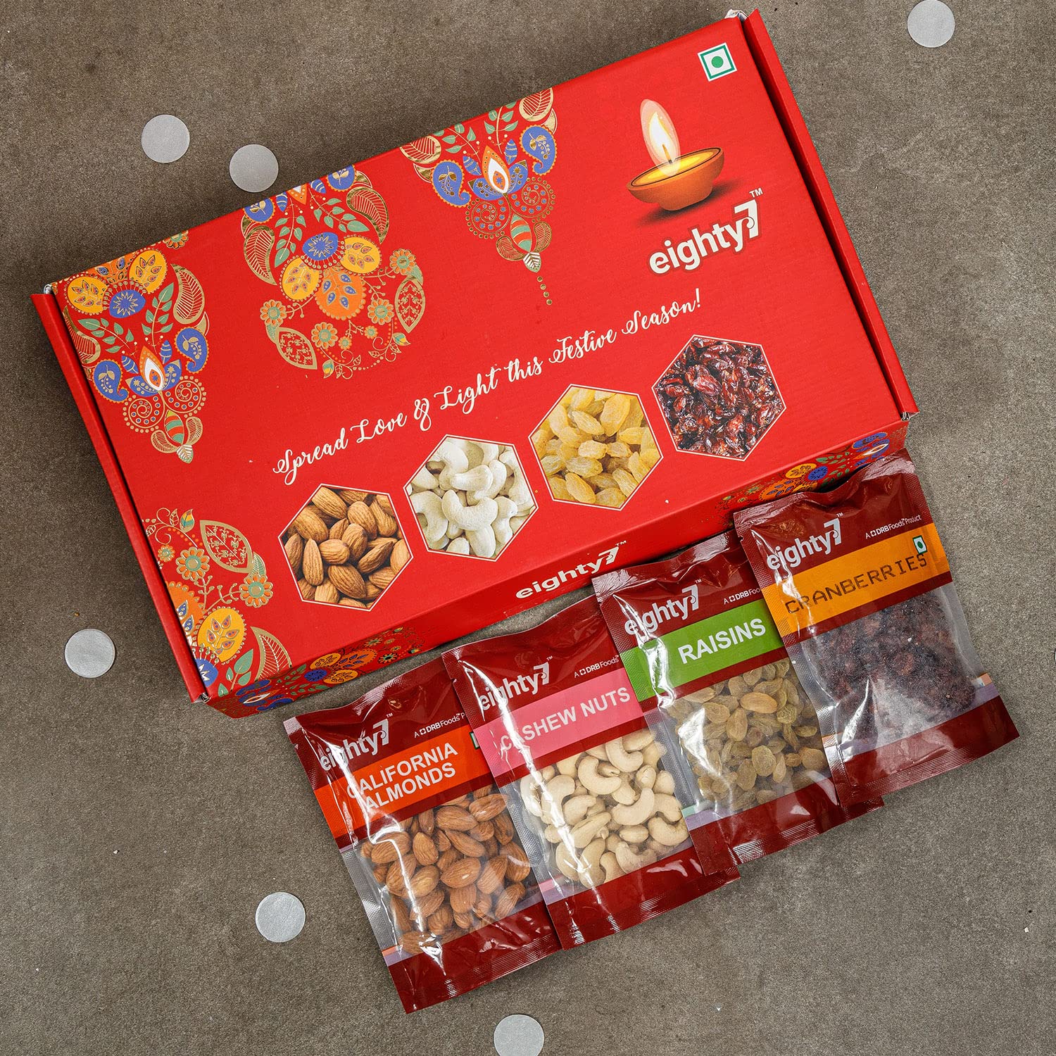 Eighty7 Gold Premium Dry Fruits Diwali Gift Box 600g | California Almonds, Cashews, Raisins & Dried Cranberries | Healthy Gourmet Snacks Gift Pack 3