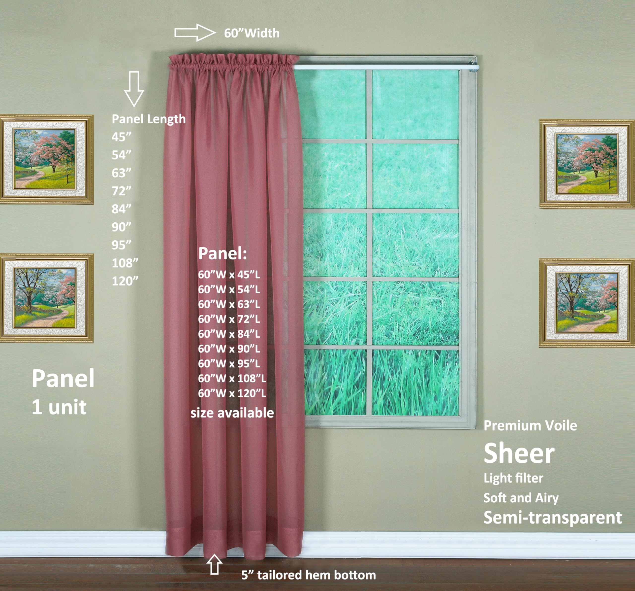 Today's Curtain Emelia Original Voile Panel 84", Mauve, 60" W x 84" L, W 60" x L 84" (1 Panels) - Image 2