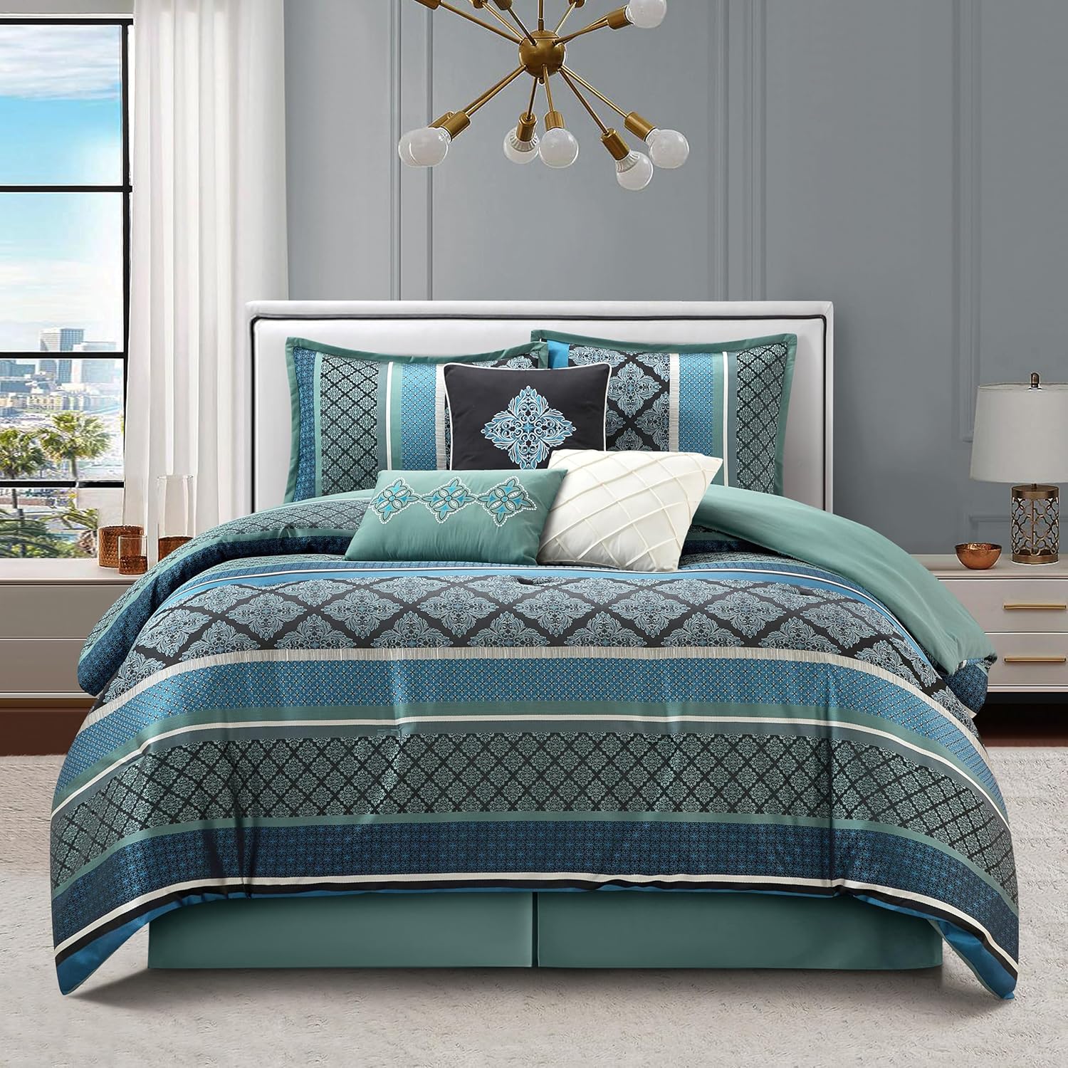 Grand Avenue Blue Geometric California King Comforter Set, 7 Piece, Jacquard All Season Premium Bedding Set, Matching Shams, Bedskirt, Decorative Pillows
