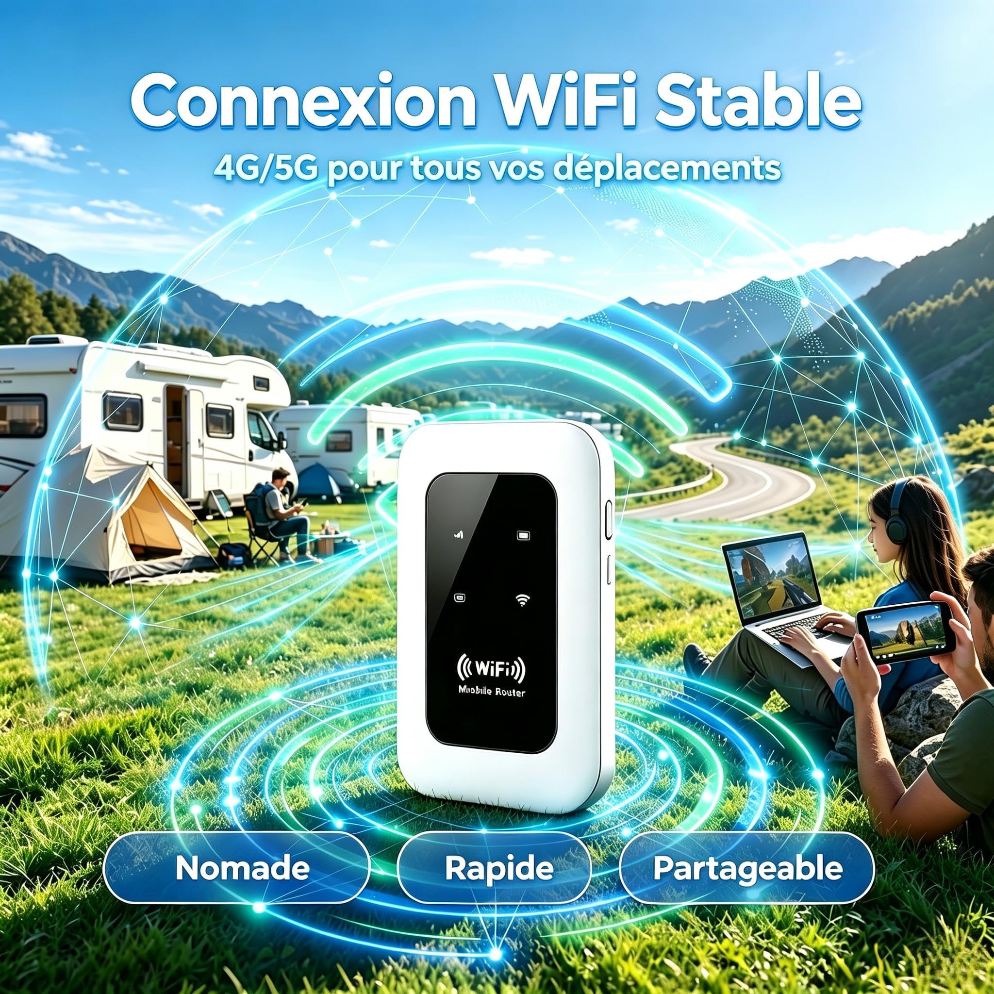 Routeur 5G Portable WiFi 6 Déverrouillé sans abonnement, Modem 5G/4G+ avec Nano‑SIM, jusqu'à 26 appareils connectés, Haut débit sans Box, idéal pour Voyage, Camping et télétravail