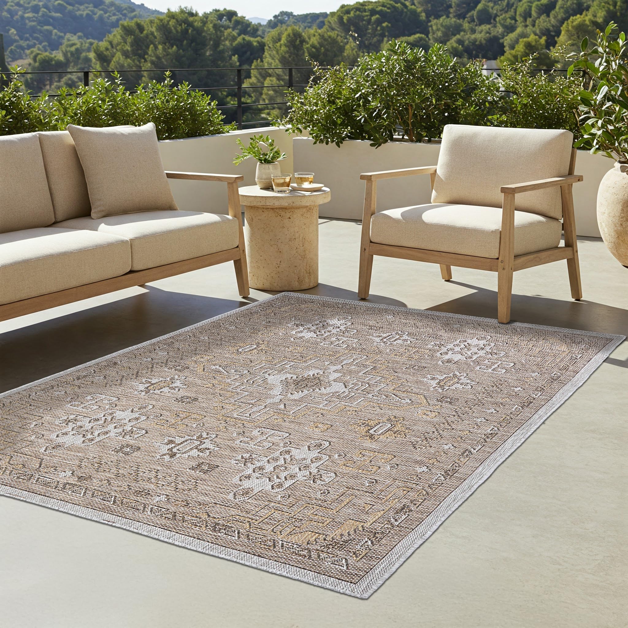 TAPISO Yucana Alfombra Exterior Tejido Plano Robusta Resistente UV Impermeable Interior Exterior Balcón Terraza Jardín Cocina Marrón Beige Marco Ornamental Oriental Moderna 160 x 230 cm
