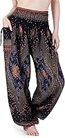 Lannaclothesdesign Women's Boho Harem Pants with Pockets - Smocked Waist Flowy Yoga Hippie Pants S-XXL
