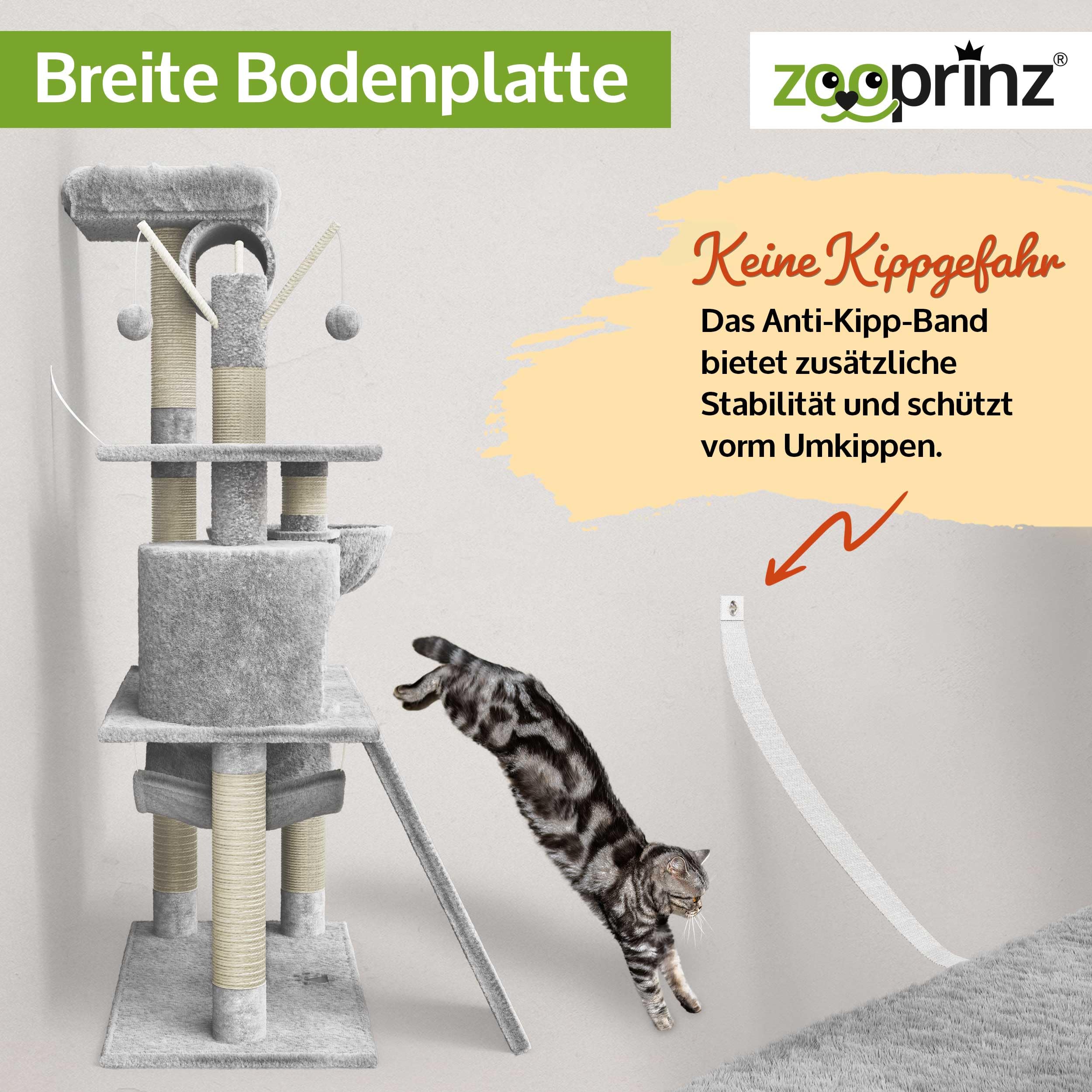zooprinz XXL Kratzbaum extra breit – Katzenbaum, Hellgrau | Premium Kletterturm mit dicken Sisal-Säulen, Höhle, Hängematte, Spielbällen & Seil für kleine und große Katzen