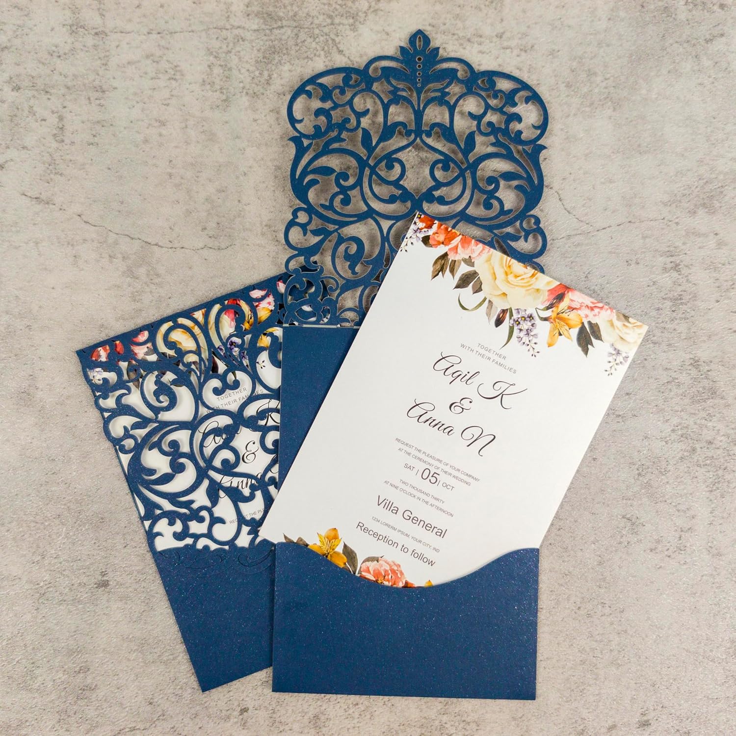 Laser Cut Invitations Navy Blue Wedding Invitation with Envelopes and Ribbon Belly Band Pearl Embellishments, Blank Inner Sheet & Rsvp Cards for Wedding Bridal Shower(5 x 7, 40 pcs)