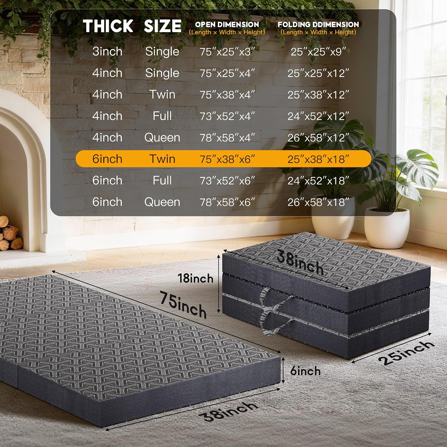 Foldable Mattress Twin,6" Memory Foam Mattress Topper,Trifold Mattress with Washable Cover,Handles & Non-Slip Bottom,Folding Mattress for Back Pain Relief,Guest,Yoga,Caravan,Camping,Travel