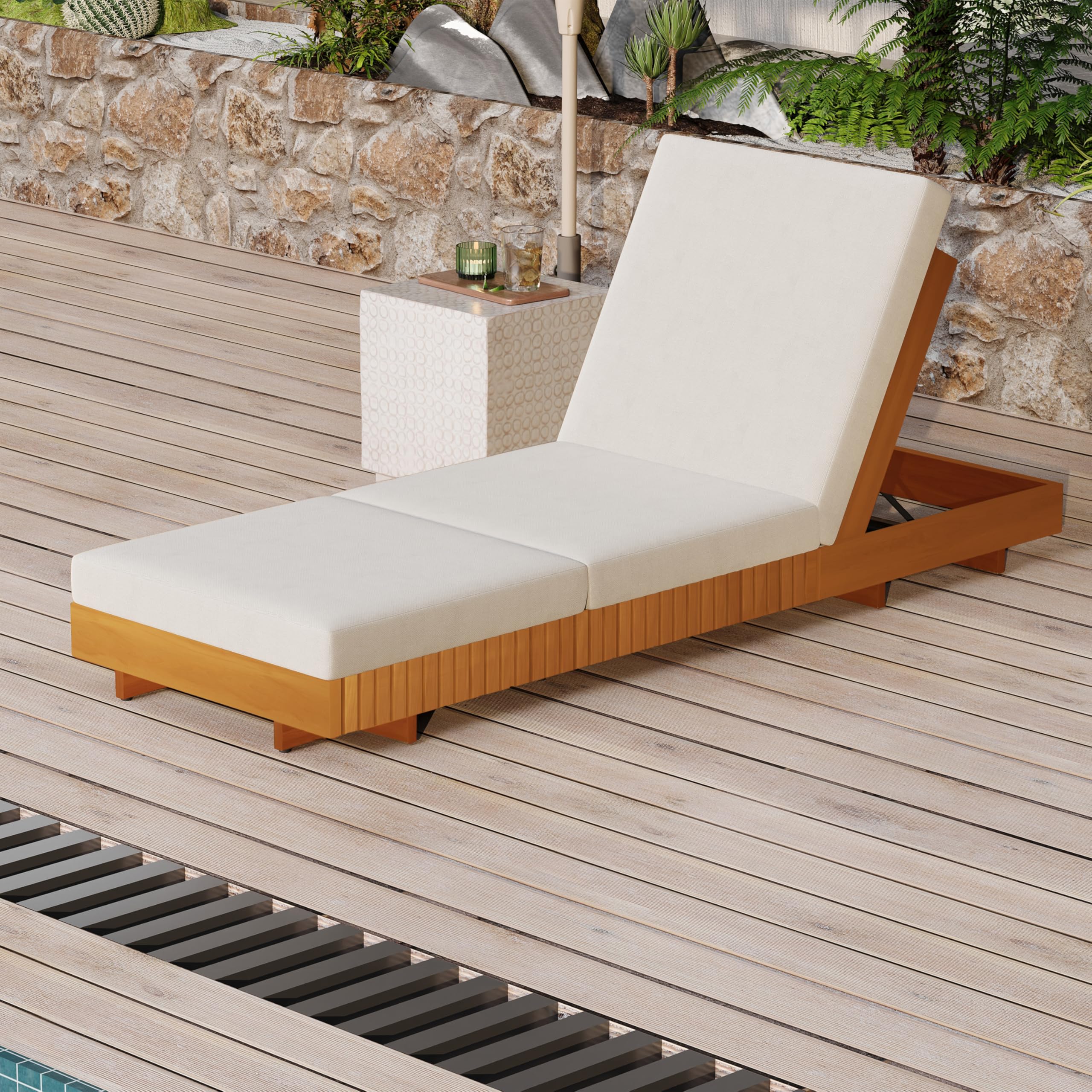 Christopher Knight Home Habery Acacia Wood Chaise Lounge Outdoor with Triple Folds Cushion, Wooden Patio Chaise Lounge, Adjustable Backrest Outdoor