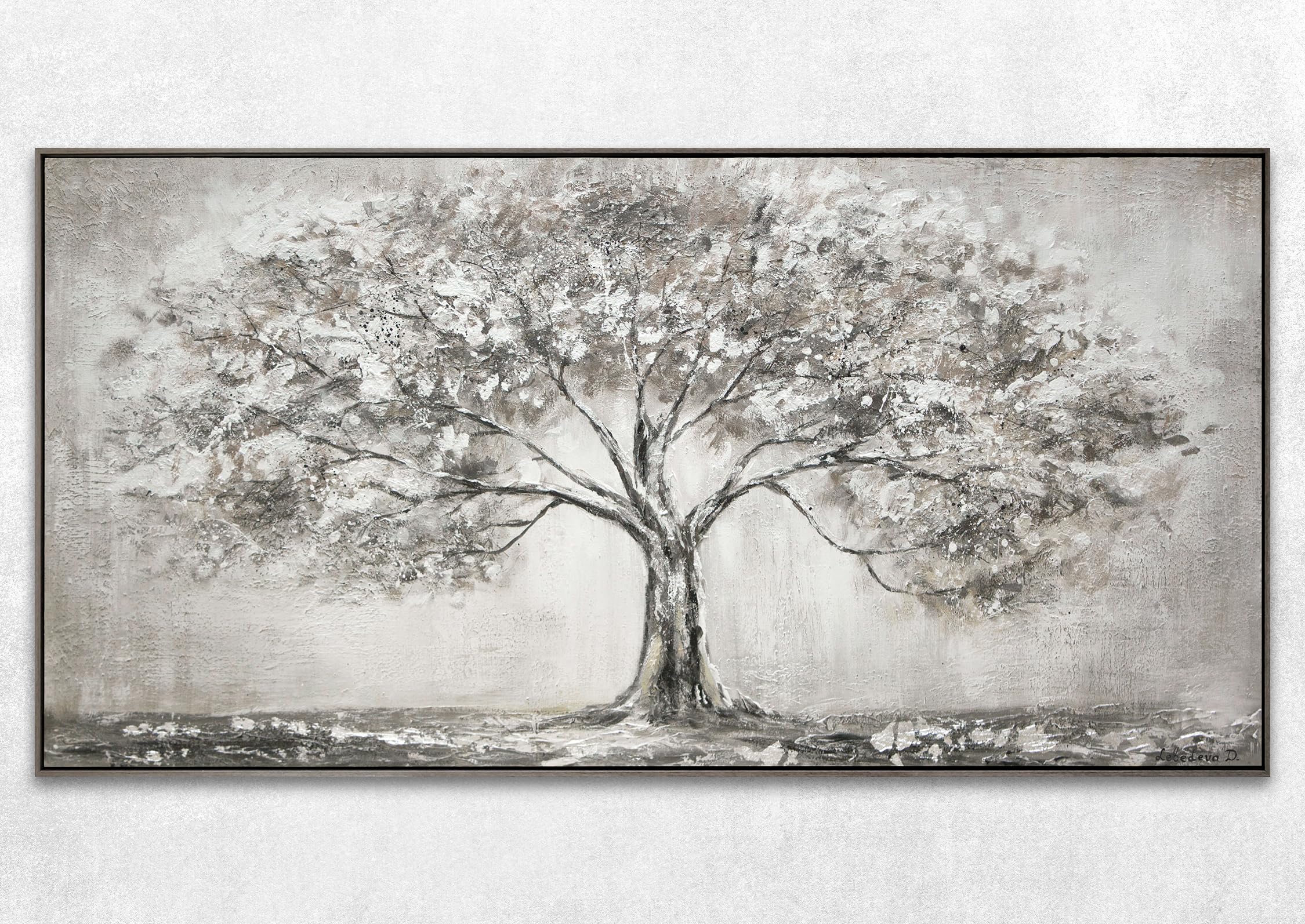 YS-Art Acryl Gemälde auf Leinwand handgemalt Lebensbaum Abstrakte Kunst Bilder Wohnzimmer Wandbilder modern mit grau Farben Grauen Farben mit Rahmen 100x50 cm