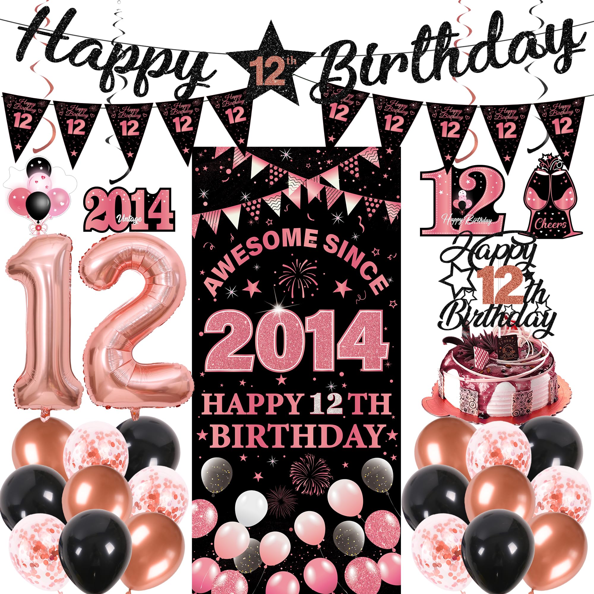 12th Birthday Decorations Girls Kit - 27 Pcs Black Rose Gold Happy 12th Birthday Banner Triangular Flag Hanging Swirls Backdrop Cake Topper 12 Balloon Set for 12 Years Old Party Decoration Supplies