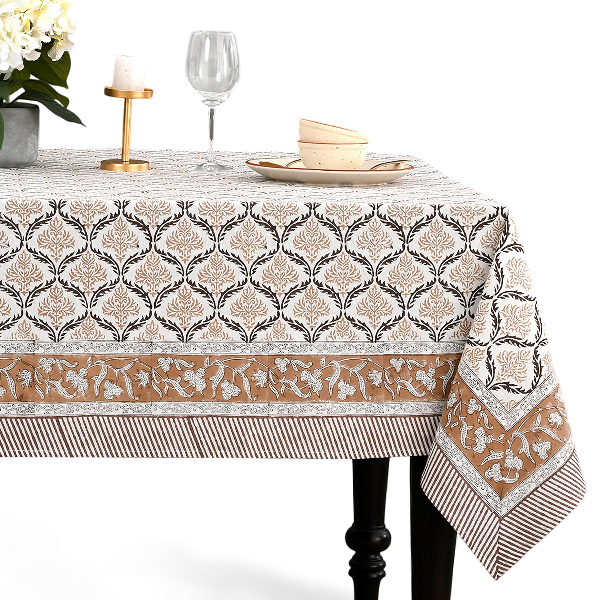 CPC Sandstone Regal Block Print Cotton Rectangle Tablecloth 72x190 Inch