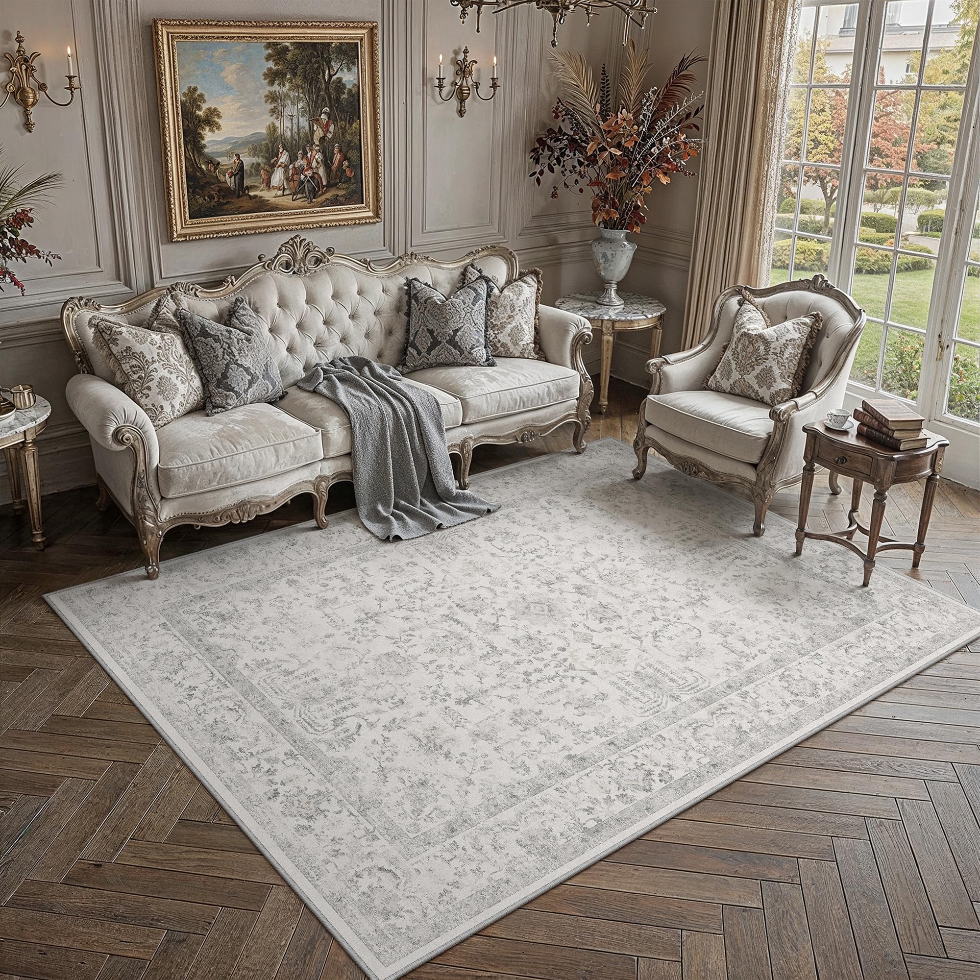 PureCozy Vintage Rugs Living Room Area Grey Rug 160x230cm Washable Large Bedroom Rugs Non Slip Soft Hall Lounge Dining Room Office Indoor Low Pile Carpet