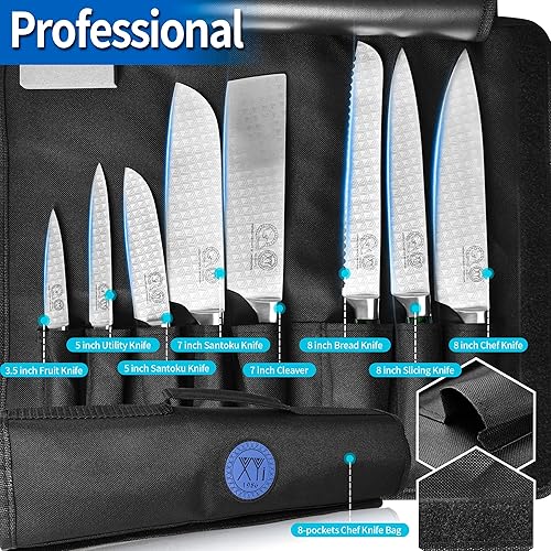 Miniatura 7 de XYJ Juego de cuchillos de cocina de acero inoxidable, 8 piezas, cuchillo Nakiri para verduras, carne, jamón, filete, pan, rebanada, con bolsa de