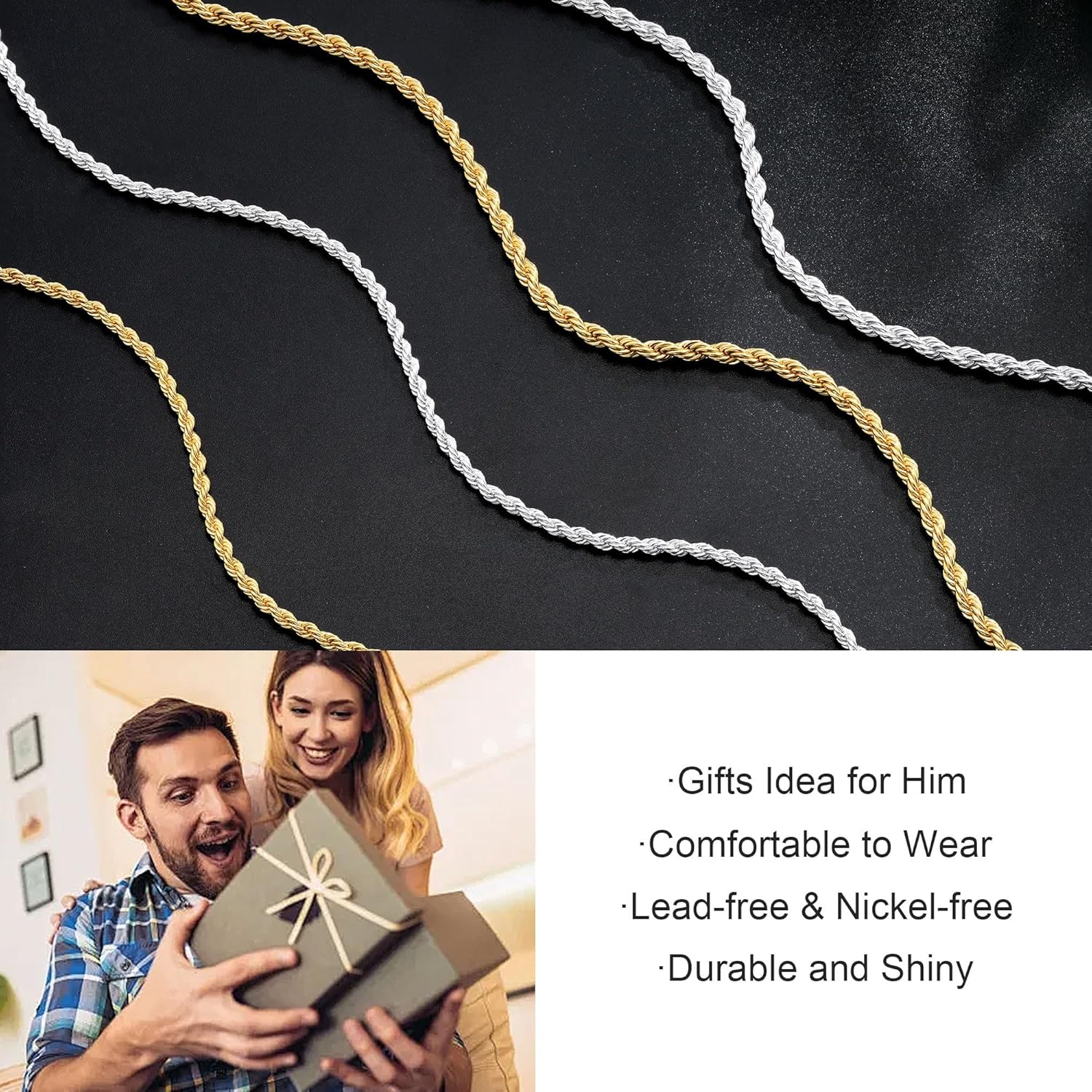 925 Sterling Silver Chain for Men, Rope Chain Necklace Over 3mm/4mm Silver Necklace Chains Gifts for Women Father Boyfriend 18/20/22/24/26/30 Inches