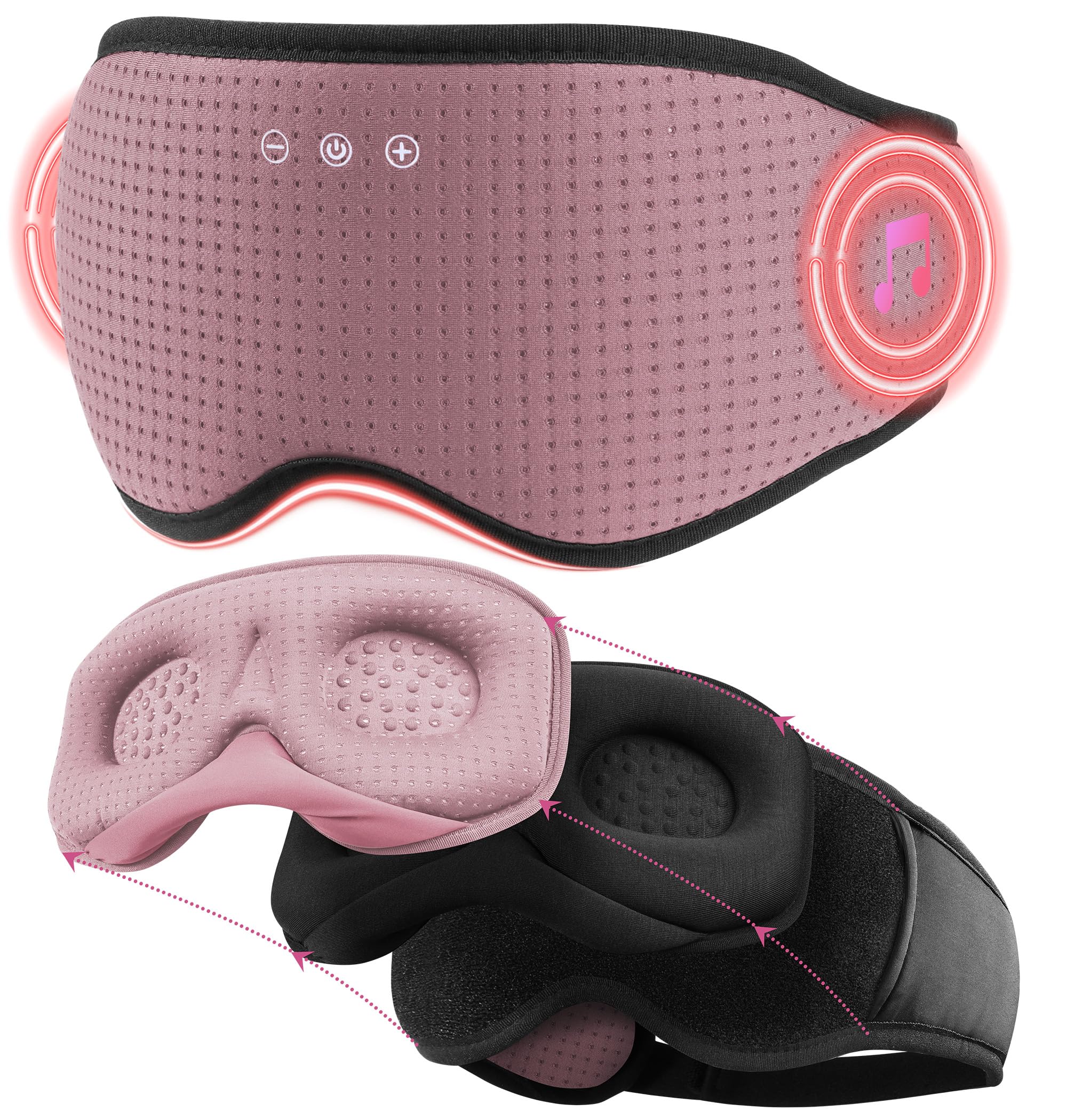 Bluetooth Sleep Mask - MUSICOZY Sleep Headphones, 3D Contoured Eye Mask, 2 Peelable Replaceable Pads (Breathable + Bamboo Cotton), Auto-Off Timer, Bluetooth 5.4, for Side Sleepers Travel Gift (Pink)