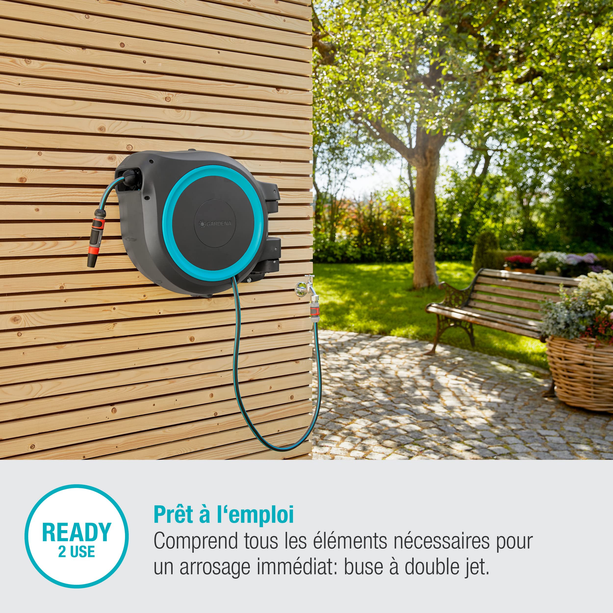 GARDENA Devidoir automatique mural RollUp XL liseret bleu - Longueur 35m - O13mm - Kit complet - Garantie 5 ans 18630-20