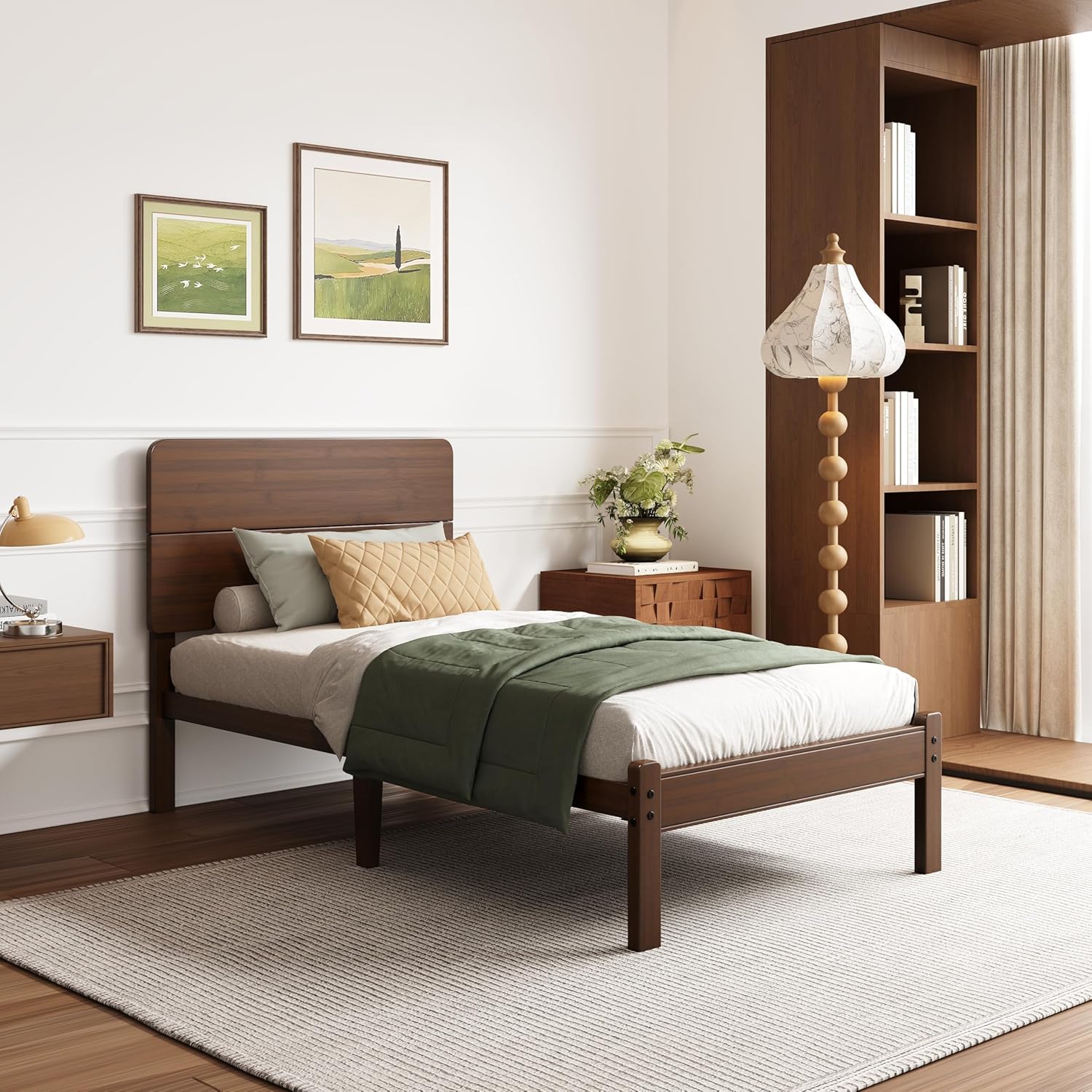 14in High Solid Bamboo Wood Platform Twin Size Bed Frame with Headboard, Reinforced Heavy Duty Metal Slats, Noise Free, No Box Spring Needed, Easy Assembly, Walnut