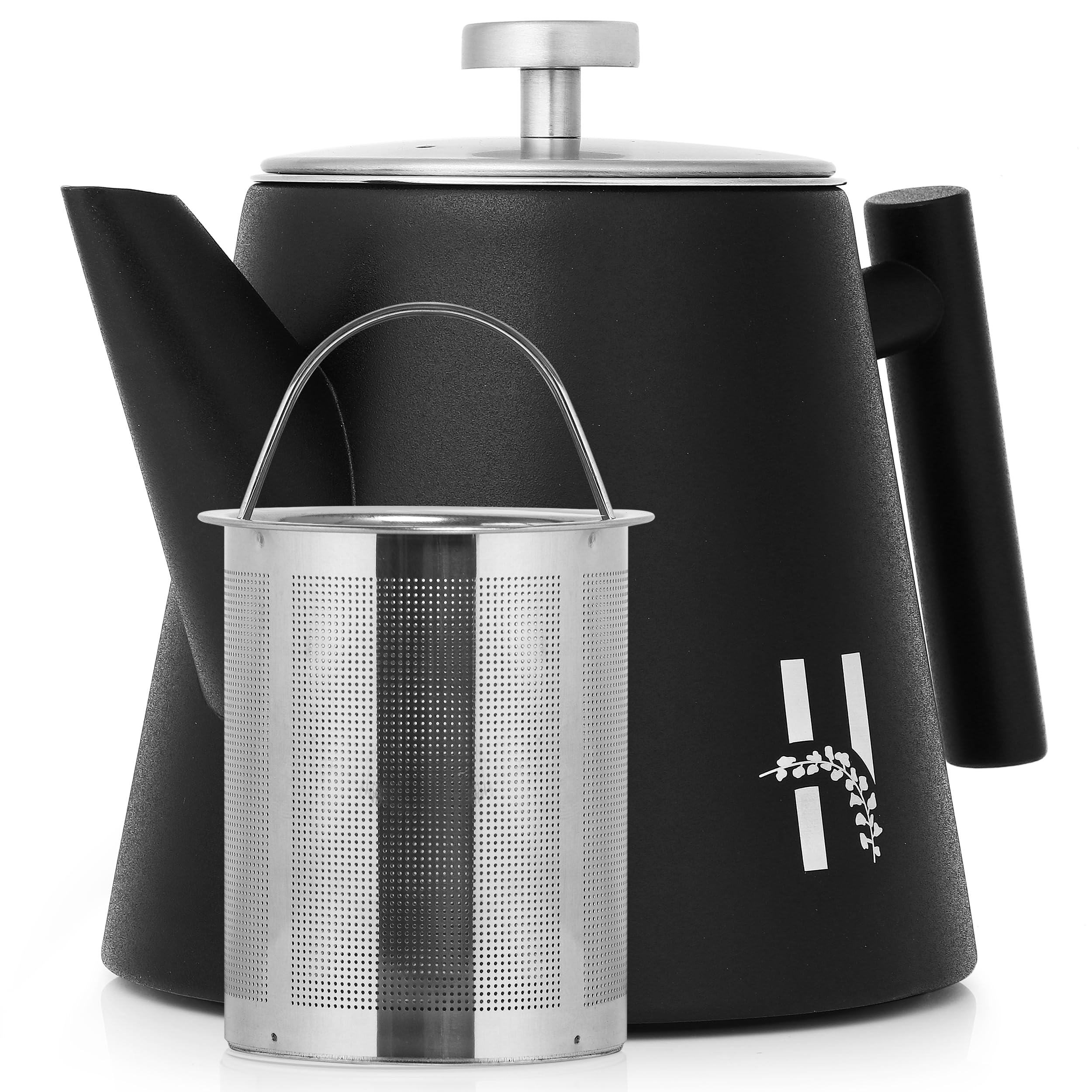 Théière isotherme Hanamura avec infuseur - en acier inoxydable à double paroi 1L - noire moderne pour thé et tisane
