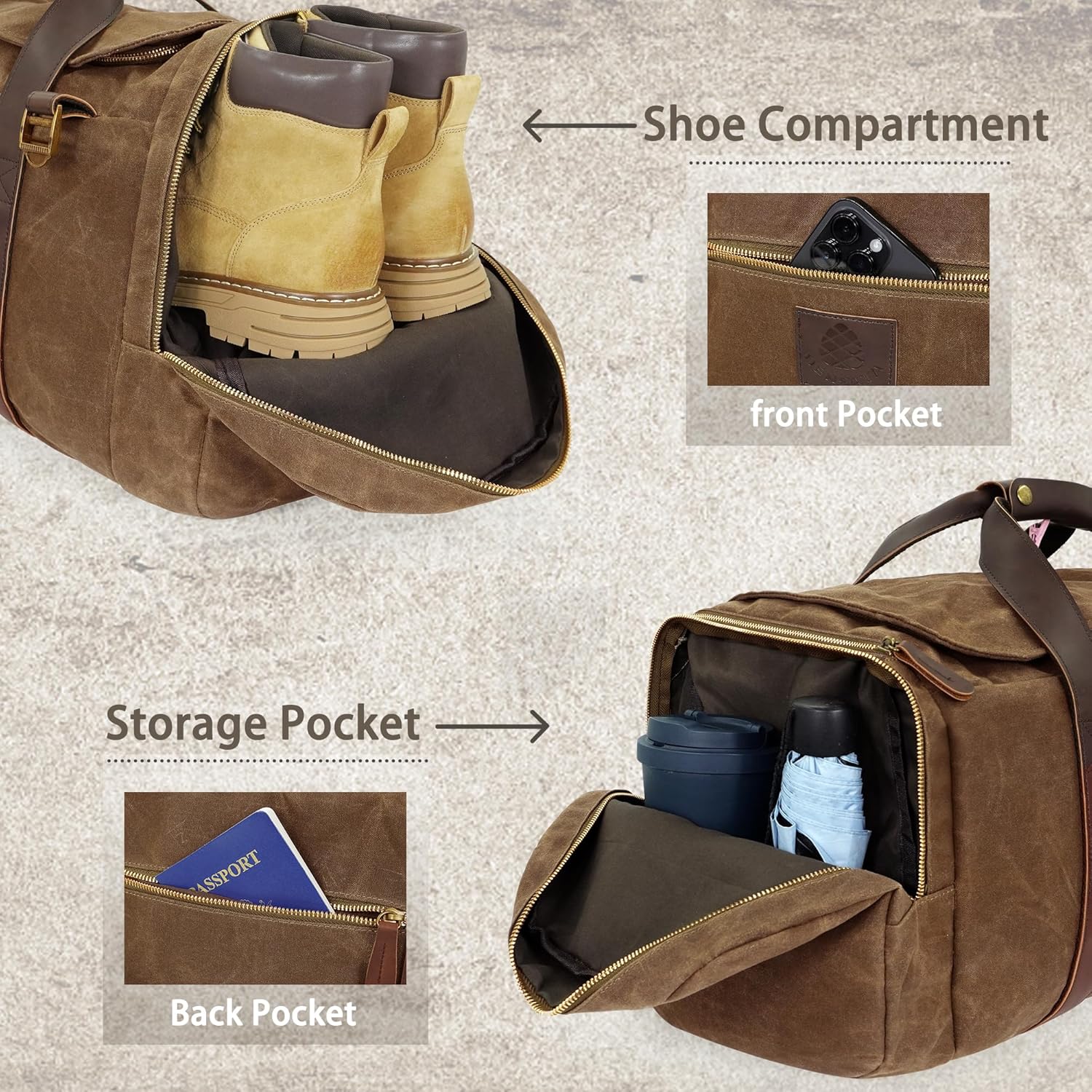 Duffle Bag for Travel, 50L Waxed Canvas Duffle Bag Vintage Travel Bag Overnight Bag with Shoes Compartment Men (Vintage Dark Brown, Large-50L)