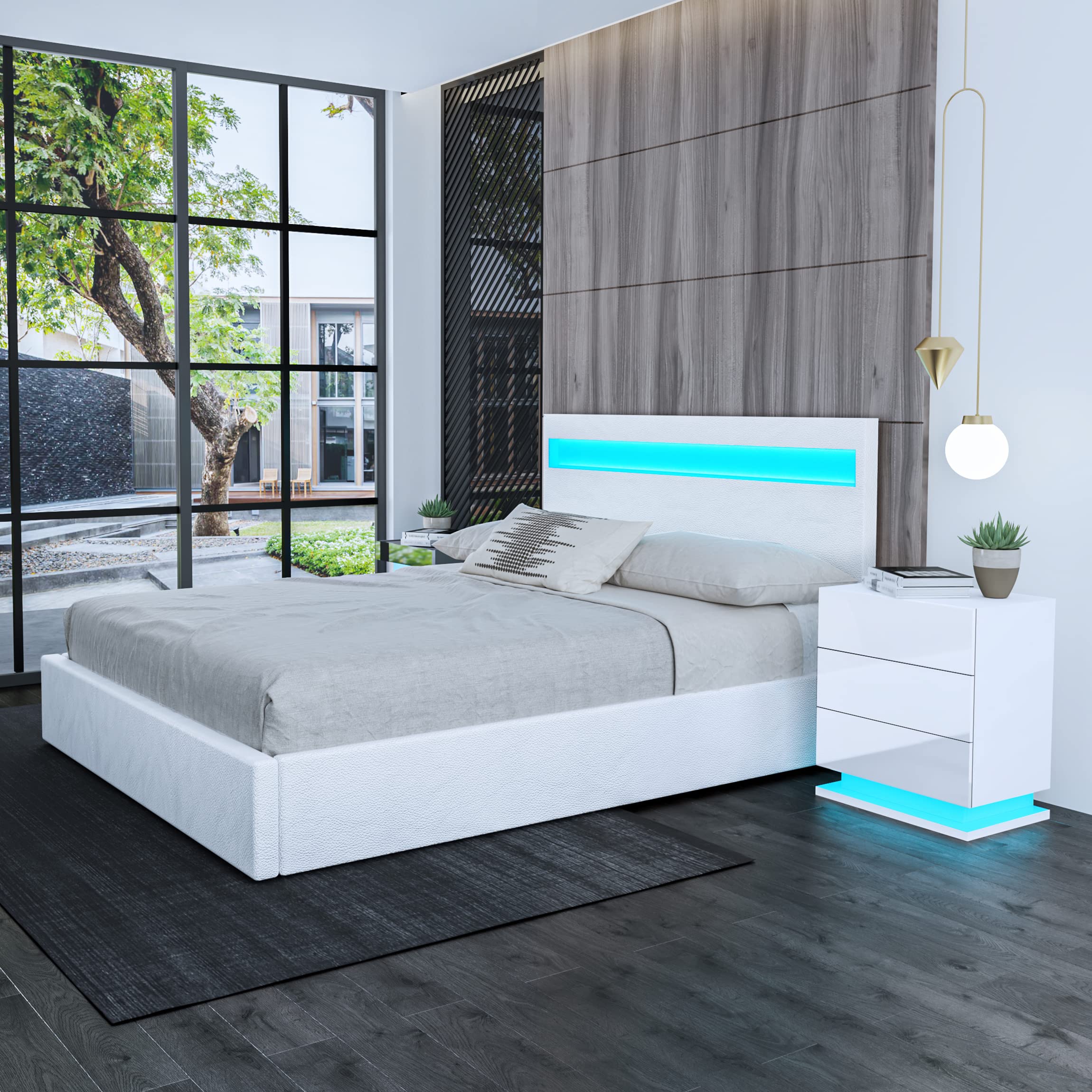 Chebinsiti Double Size Ottoman Bed, 4ft6 Ottoman Storage Bed with LED Lights, Gas Lift, Faux Leather Headboard, White