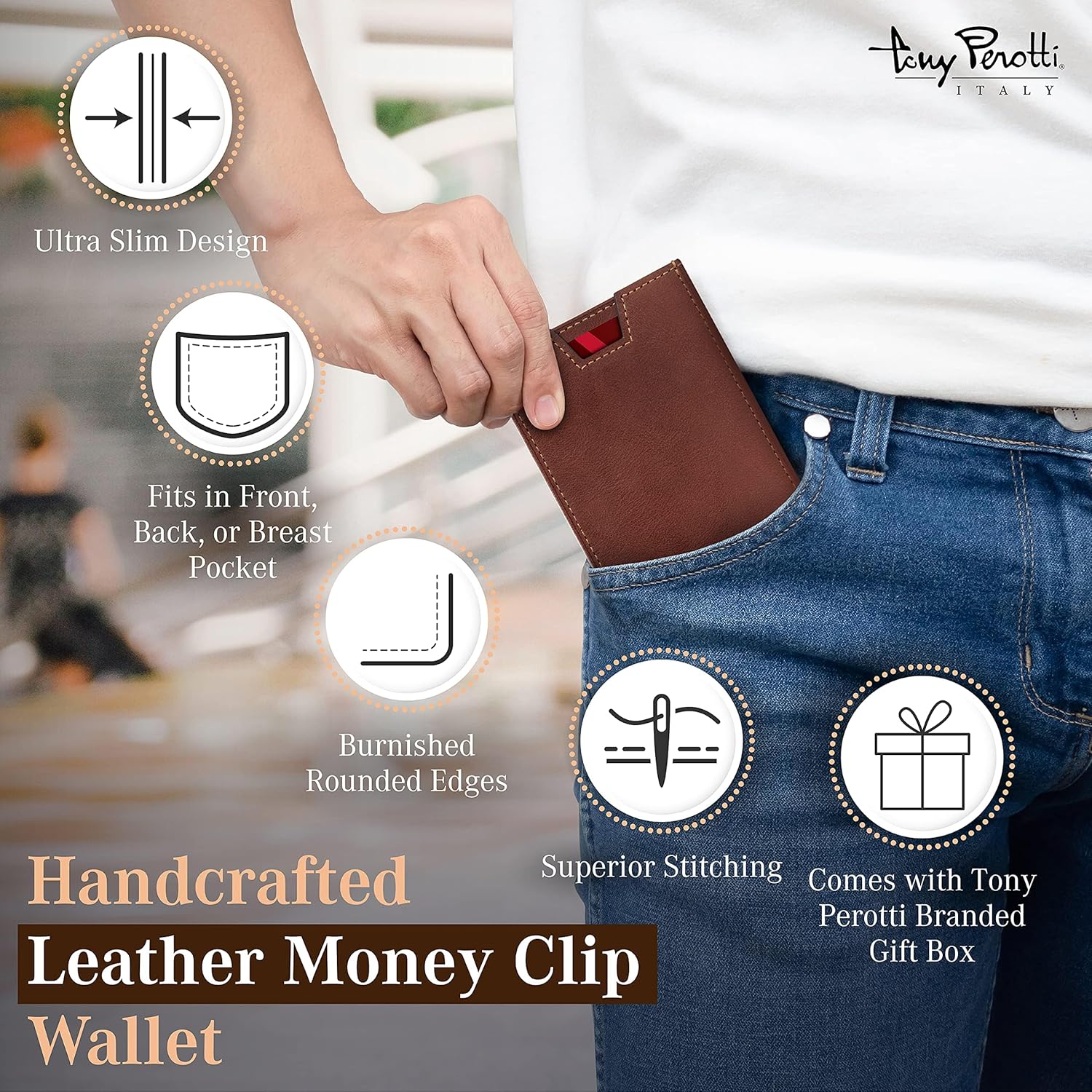 Tony Perotti Men's Italian Leather Ultra Slim RFID Wallet - Front Pocket Money Clip With Credit Card Slots and ID Window - Eco-Friendly Tanned Full Grain - Image 5