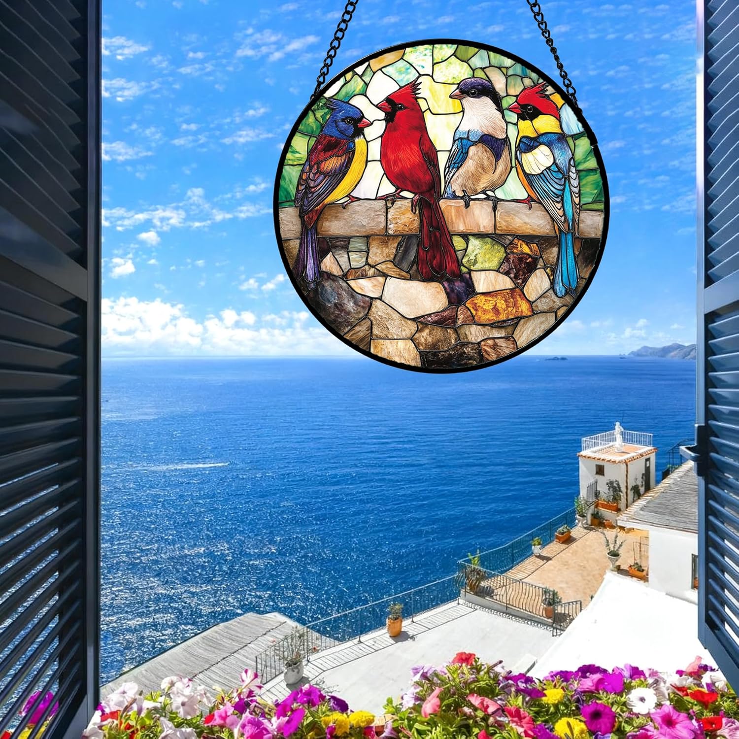 CHATYOUNG Stained Glass Window Hanging Colorful Cardinal 9.8" - Birds Suncatcher Door Garden Home Decor and Christmas Mother's Day Birthday Gifts for Grandma Nana Women Mom Wife Bird Lovers
