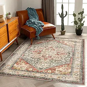 3'x5' Red Khaki Vintage Washable Thin Area Rug Traditional Floor Cover Foldable Indoor Distressed Non Slip Carpet Floral Print Area for Bedroom Living Room Bathroom
