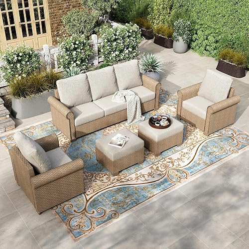 HERA'S HOUSE 5 Pieces Patio Furniture Set, All Weather 7 Seats Outdoor Wicker Sofa with Ottoman, 5.5" Thick Waterproof Cushion Conversation Set for Garden Deck Backyard, Beige