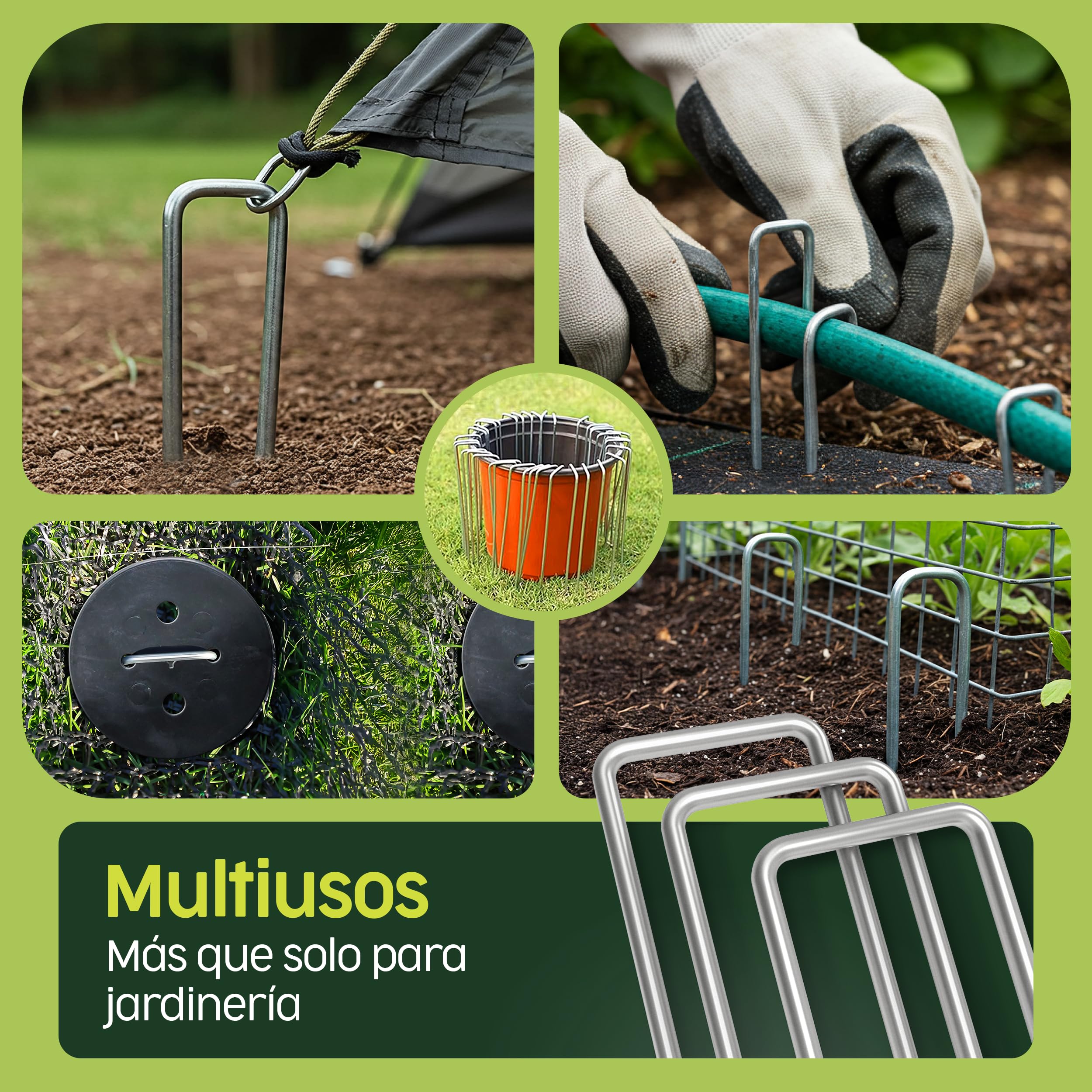 PORTENTUM Grapas Césped Artificial 50 Uds + 8 Arandelas – Piquetas Camping Suelo Duro – Estacas para Tomateras – Grapas Malla Antihierbas – 150 mm Alto – Ancho Ajustable – 3 mm Grosor