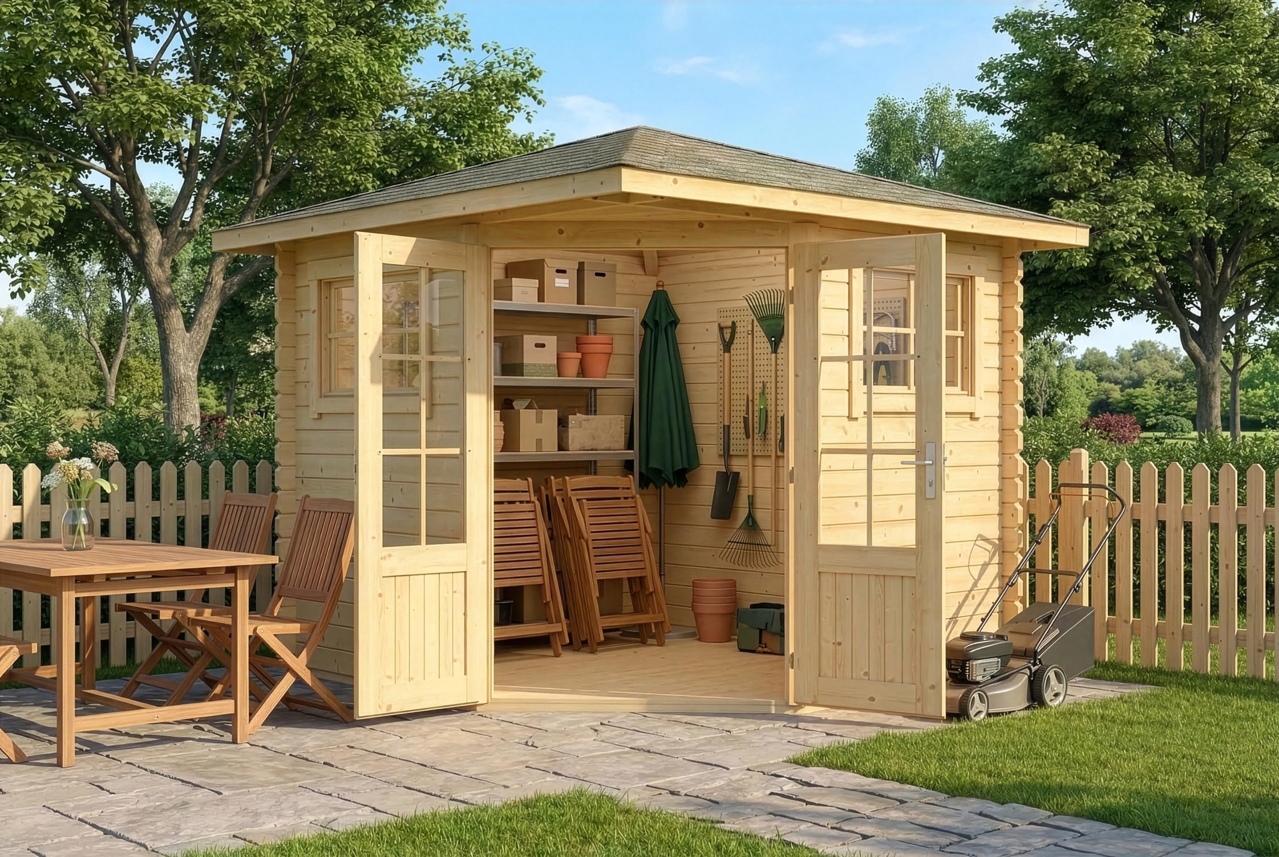 Alpholz 5-Eck Gartenhaus Sunny-B 269x269cm Naturbelassen 28mm Wandstärke
