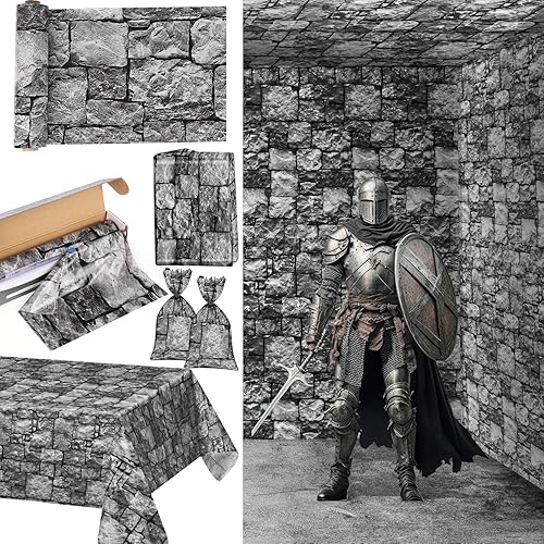 Mantel medieval de pared de piedra de ladrillo con caja cortadora, fundas de mesa de plástico desechables, fondo gris antiguo, fondo gris antiguo