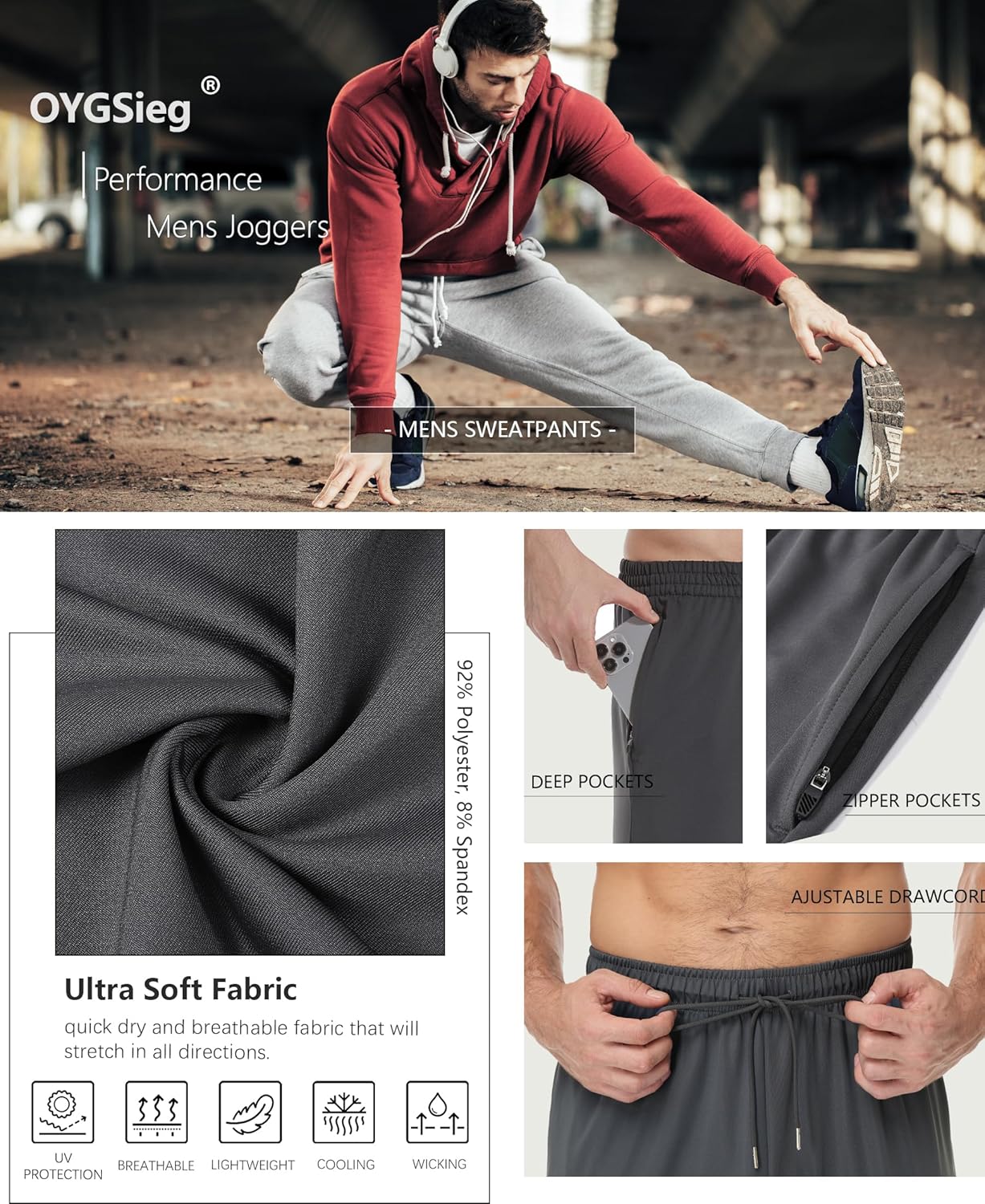 OYGSieg 4 Pack Mens Joggers with Zipper Pockets Open Bottom Sweatpants for Men Lightweight Track Pants for Casual Hiking - Image 4