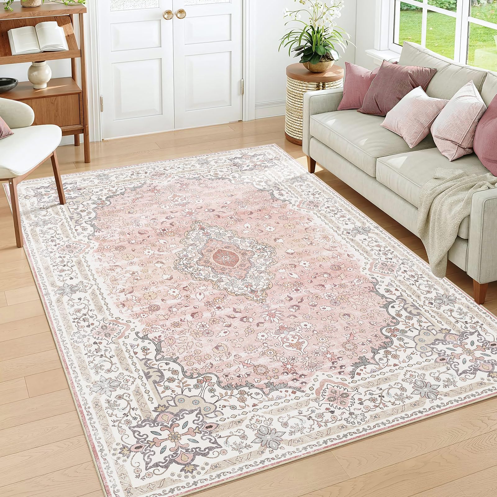 Brakki Pink 5x7 Area Rugs for Living Room, Washable Vintage Boho Rug Non Slip for Bedroom Kitchen Office, Low Pile Soft Stain Resistant Carpet Floor