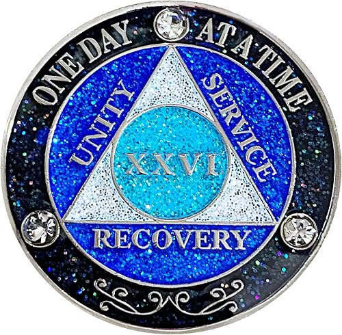 Vista 6 de (años 1-50) AA 17 años de cristales y medallón de purpurina, chapado en color plateado, arco iris negro, purpurina azul y tres cristales