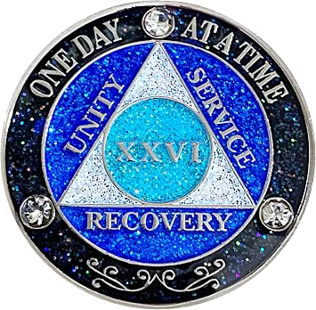 Years 1-50 AA 26 Year Recovery Coin, Crystals & Glitter, Alcoholics Anonymous 26 Year Medallion, Silver Color Plated, Black Rainbow, Blue Glitter and Three Clear Crystals, Epoxy Covered