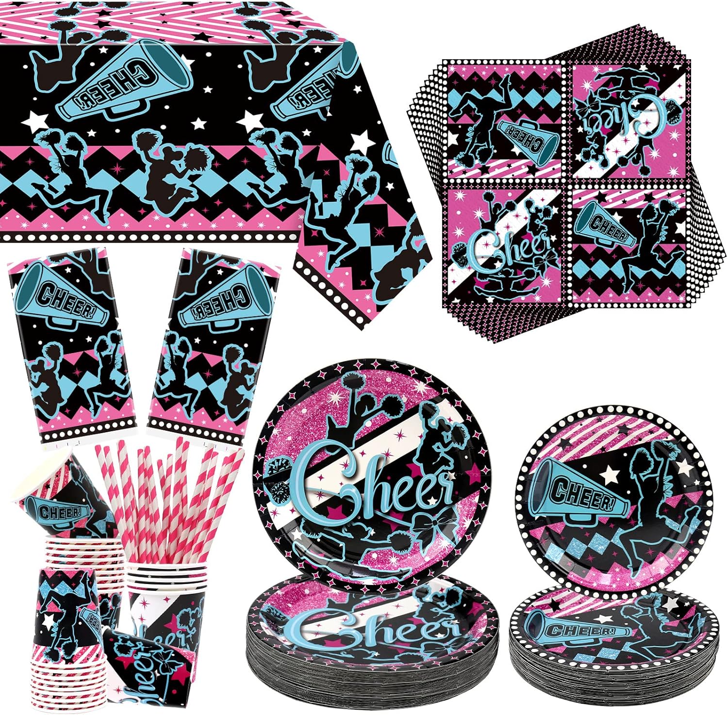 Cheerleading Party Decorations - Gymnastics Party Cheer Part Plates Tableware, Including Plates, Cups, Napkins, Tablecloth, Straw for Cheerleading Birthday Party Supplies, Serves 40