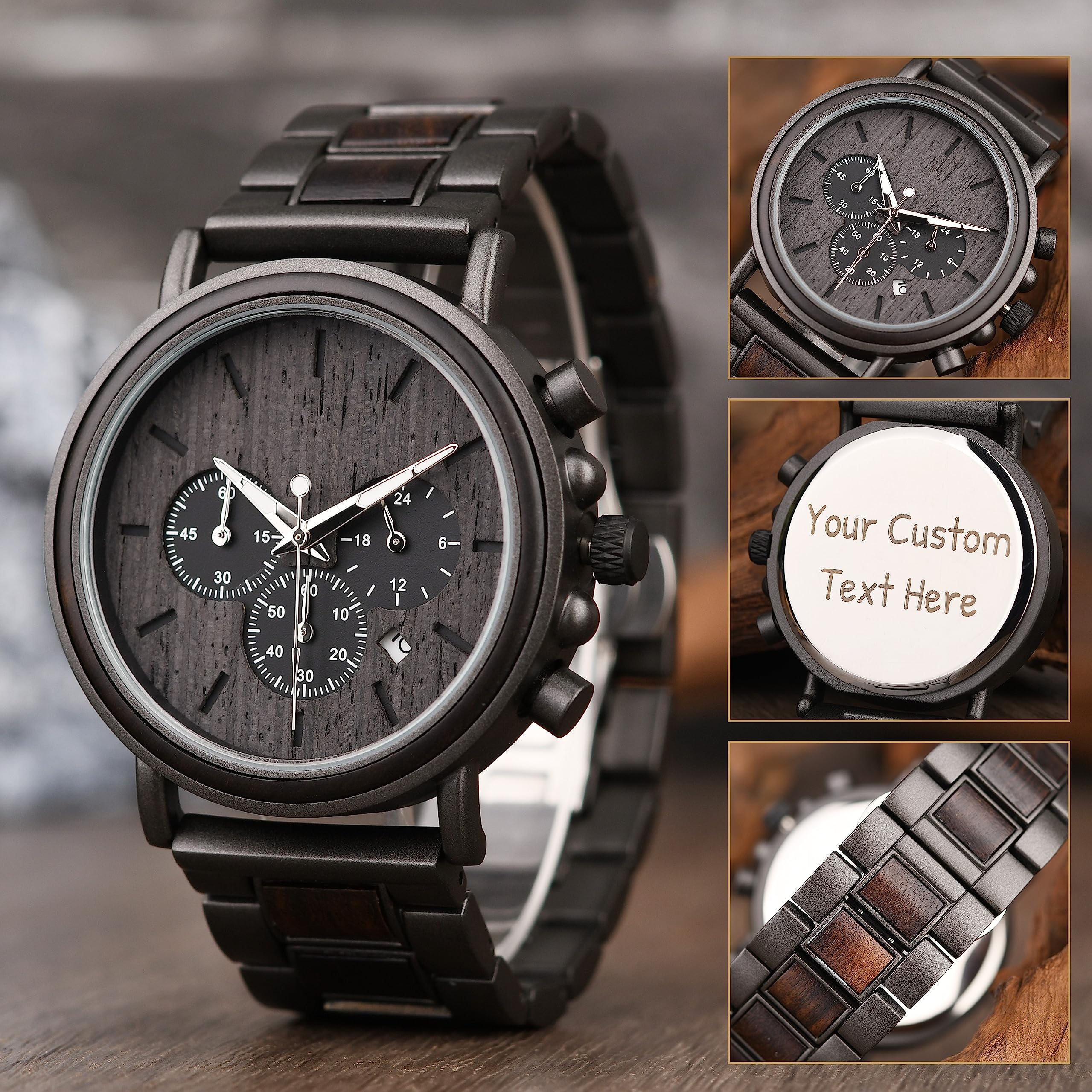 Personalisierte Herren-Holzuhr mit Gravur, Geburtstag, Jubiläum oder zu Weihnachten, Chronograph, Datumsanzeige und Leuchtzeigern