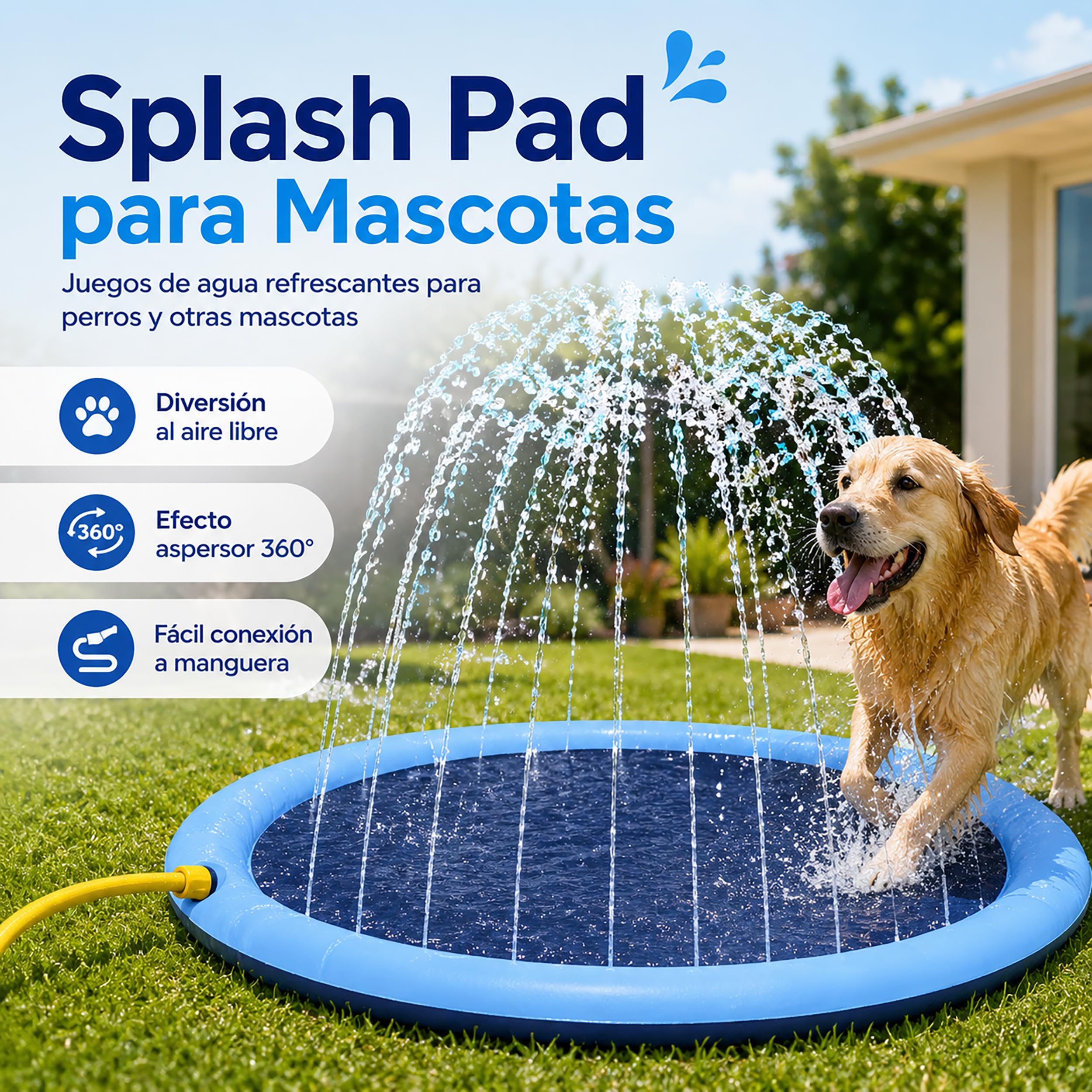 BESCH Piscina para Perros 100 cm, Splash Pad para Perros con Aspersor 360°, Alfombrilla de Agua Antideslizante de PVC, Conexión a Manguera, Plegable para Jardín, Patio y Juegos de Verano