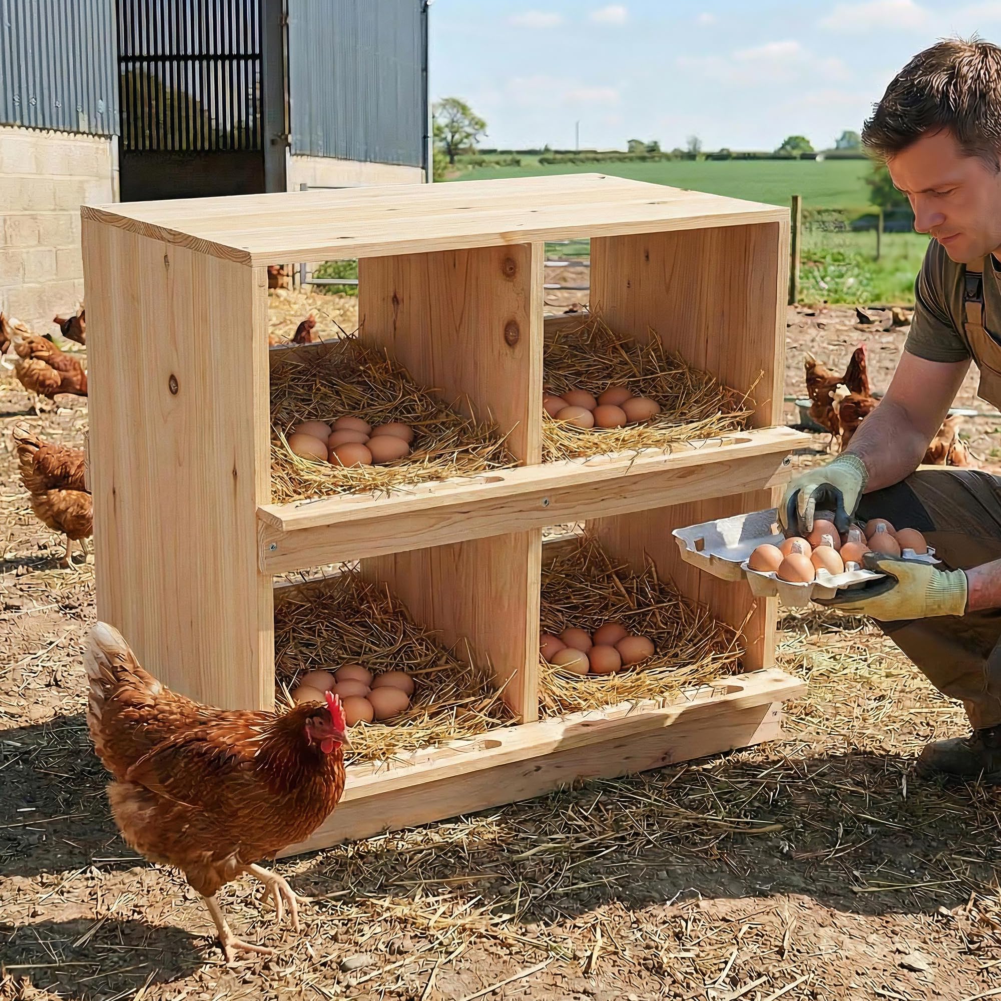 Garvee Gallinero de Madera con Nidal de Doble Capa de 4 Compartimentos, Caseta para Gallinas Ponedoras, Diseño Rural con Techo Inclinado, Montaje Sencillo, para Interior del Corral, Madera Natural