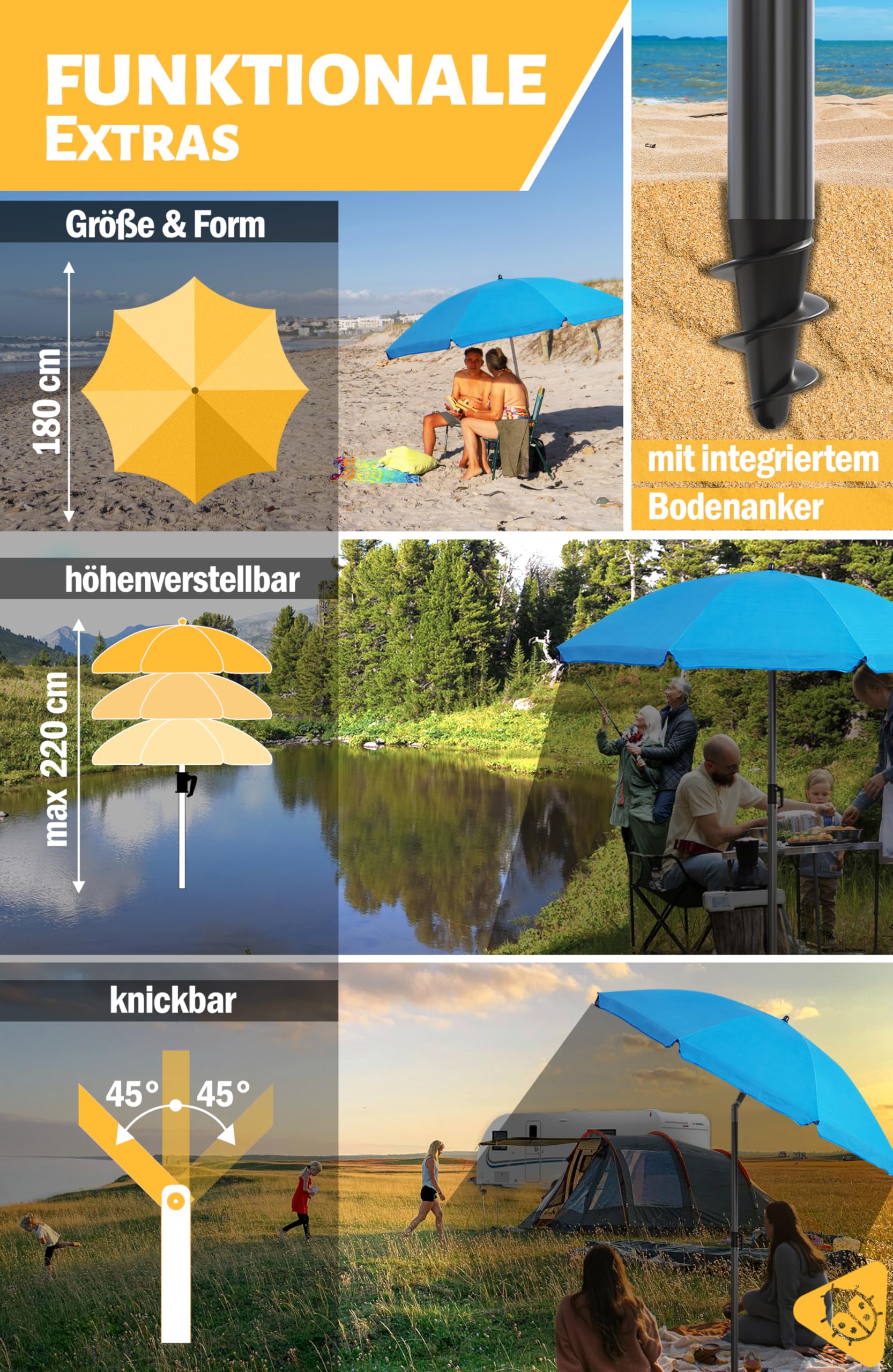 Menz Sonnenschirm Strand - UPF 50+ Sonnenschutz Strand, Strandschirm Ø 180 cm, Sonnenschirm mit Schutzhülle, Strandschirm windfest stabil, Fb. Blau