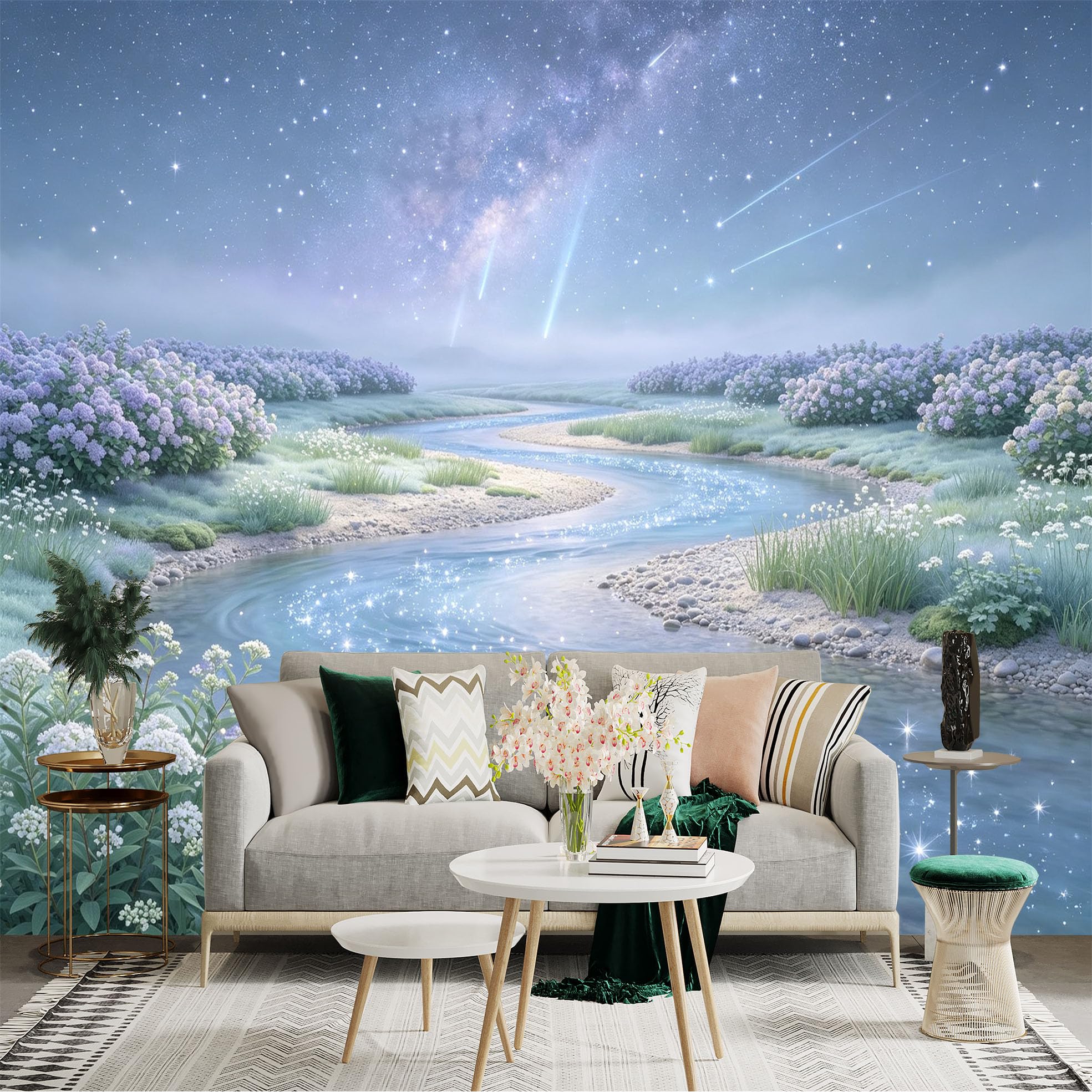 Lnzczhyre Bh260719649 Custom Size Wall Sticker Mural， Dreamy River Landscape With Sparkling Water， Blooming Flowers And Milky Way Night Sky， For Wall Decoration， Peelandstick Wall Decals.