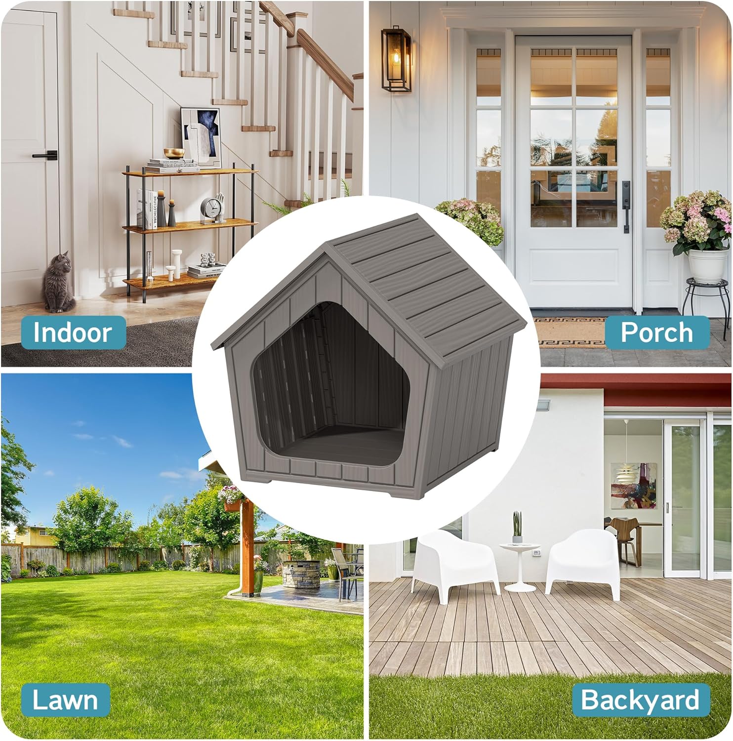 KAMABOKO Dog House for Indoor & Outdoor, Weatherproof Plastic Puppy Kennel, Durable PP Pet Shelter with Ventilation for Small Dogs and Puppies,Gray