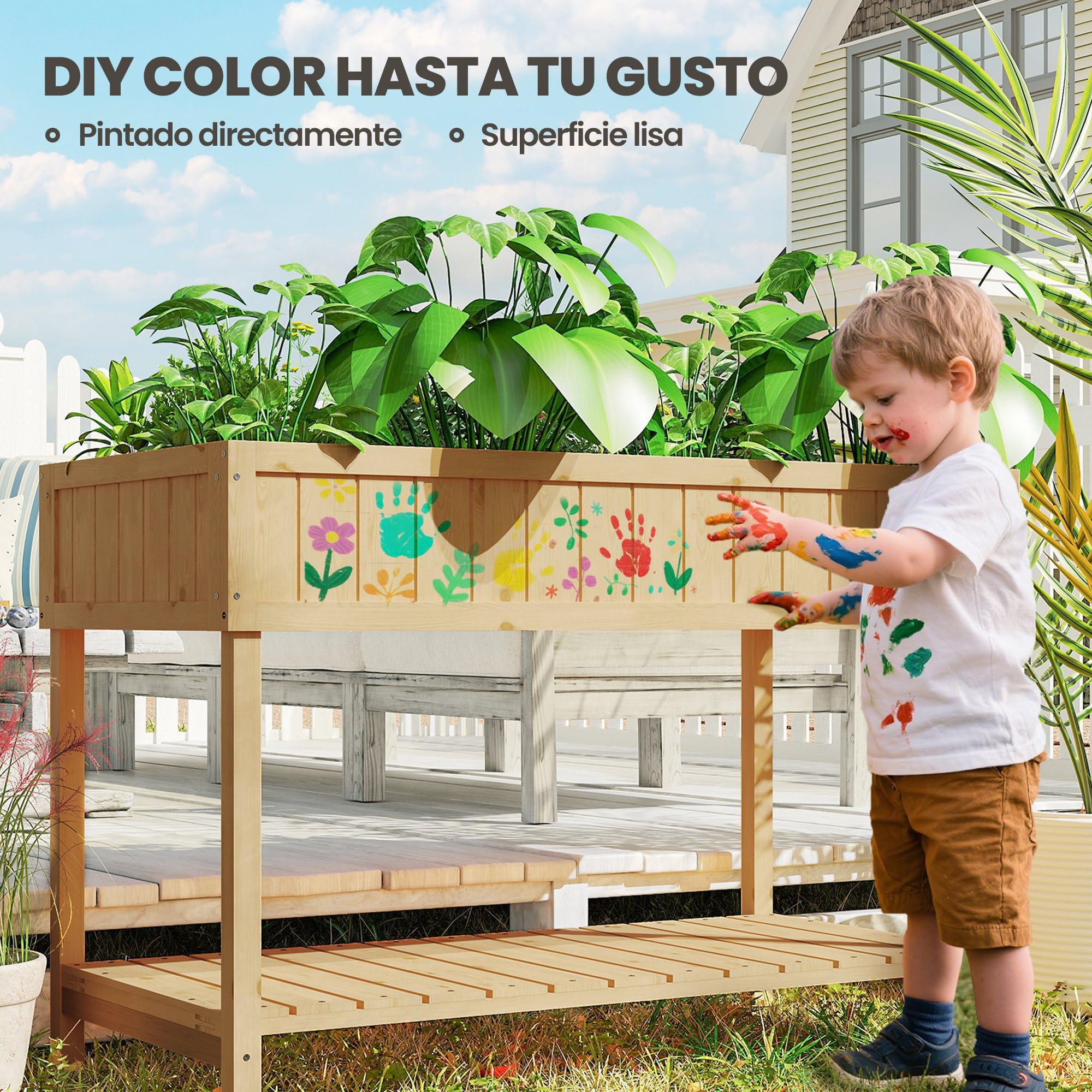 Outsunny Huerto Urbano de Madera, Mesa de Cultivo con Estante Inferior, Jardinera Elevada para Cultivo, Plantas, Flores y Verduras, 110x46x76 cm, Natural