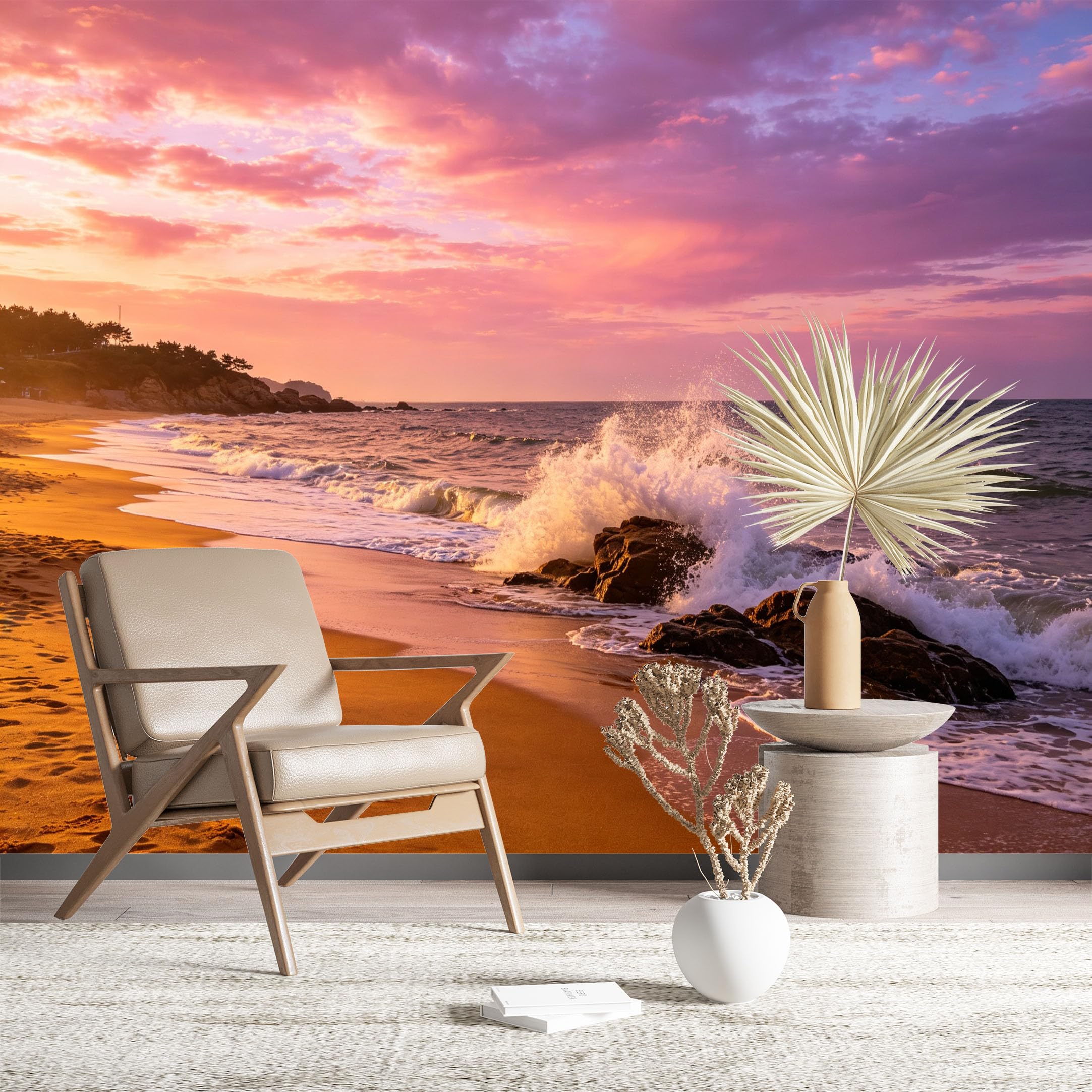 Custom Size Wall Murals Pink Sunset Beach View Wall Murals Ocean Wallpaper Wall Stickers Self-Adhesive Removable Wallpaper for Living Room Bedroom
