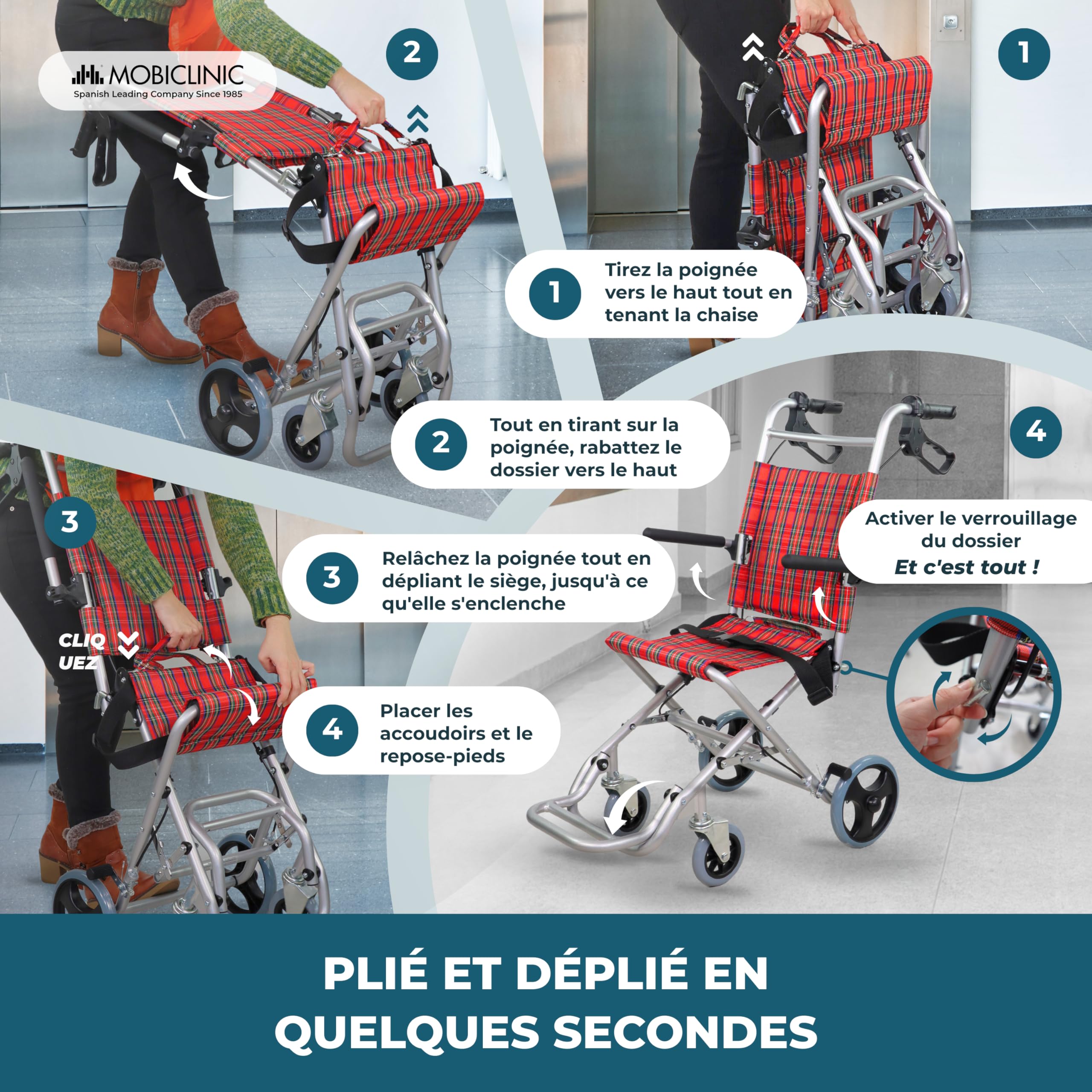Mobiclinic, Fauteuil roulant Transit, modèle Neptuno, Aluminium, Pliant, Frein sur poignées, Marque européenne, Repose-pieds pliants, Accoudoirs pliants, Léger, Ceinture de sécurité
