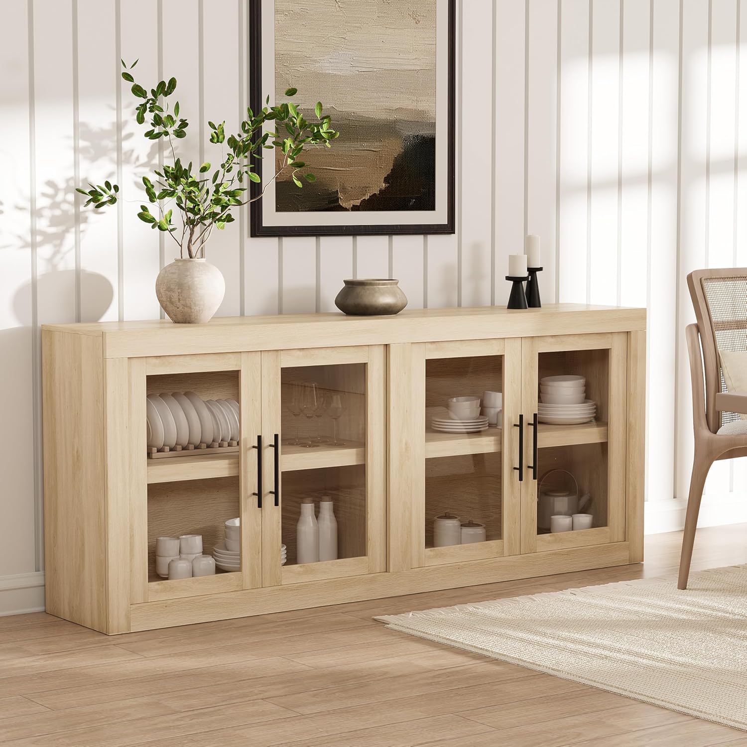 GarveeHome 70.8 in Sideboard Buffet Cabinet with Storage, Mid Century Modern Accent Cabinet with 4 Glass Doors, Wood Coffee Bar Media Console Credenza for Living Room, Kitchen, Hallway, Natural