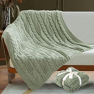 Amélie Home Sage Green Chunky Cable Knit Throw Blanket Fall Soft Cozy Farmhouse Throw Blankets for Couch Sofa Bedroom 50 x 60