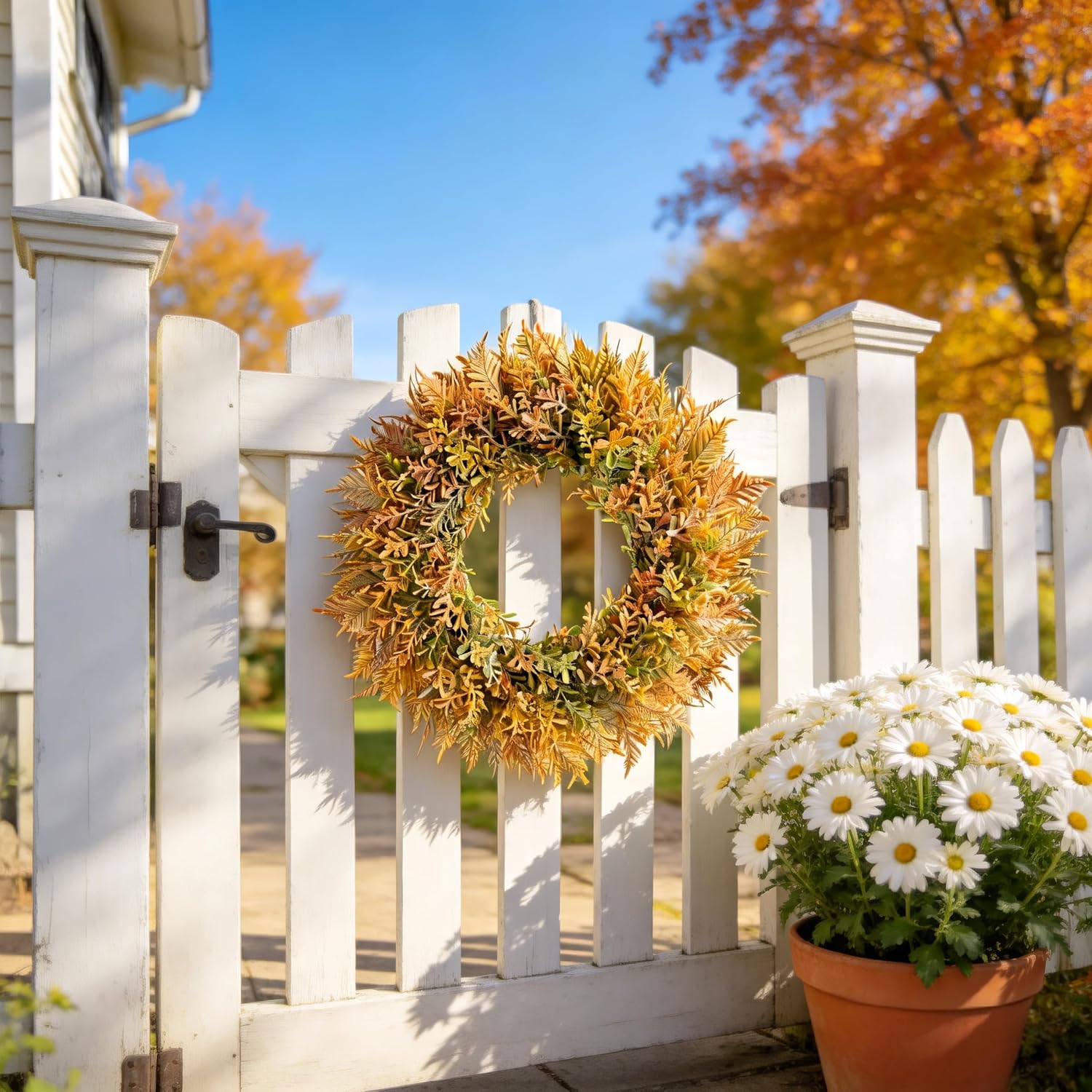 HipTree 18 Inch Fall Fern Eucalyptus Wreath Autumn Front Door Wreath