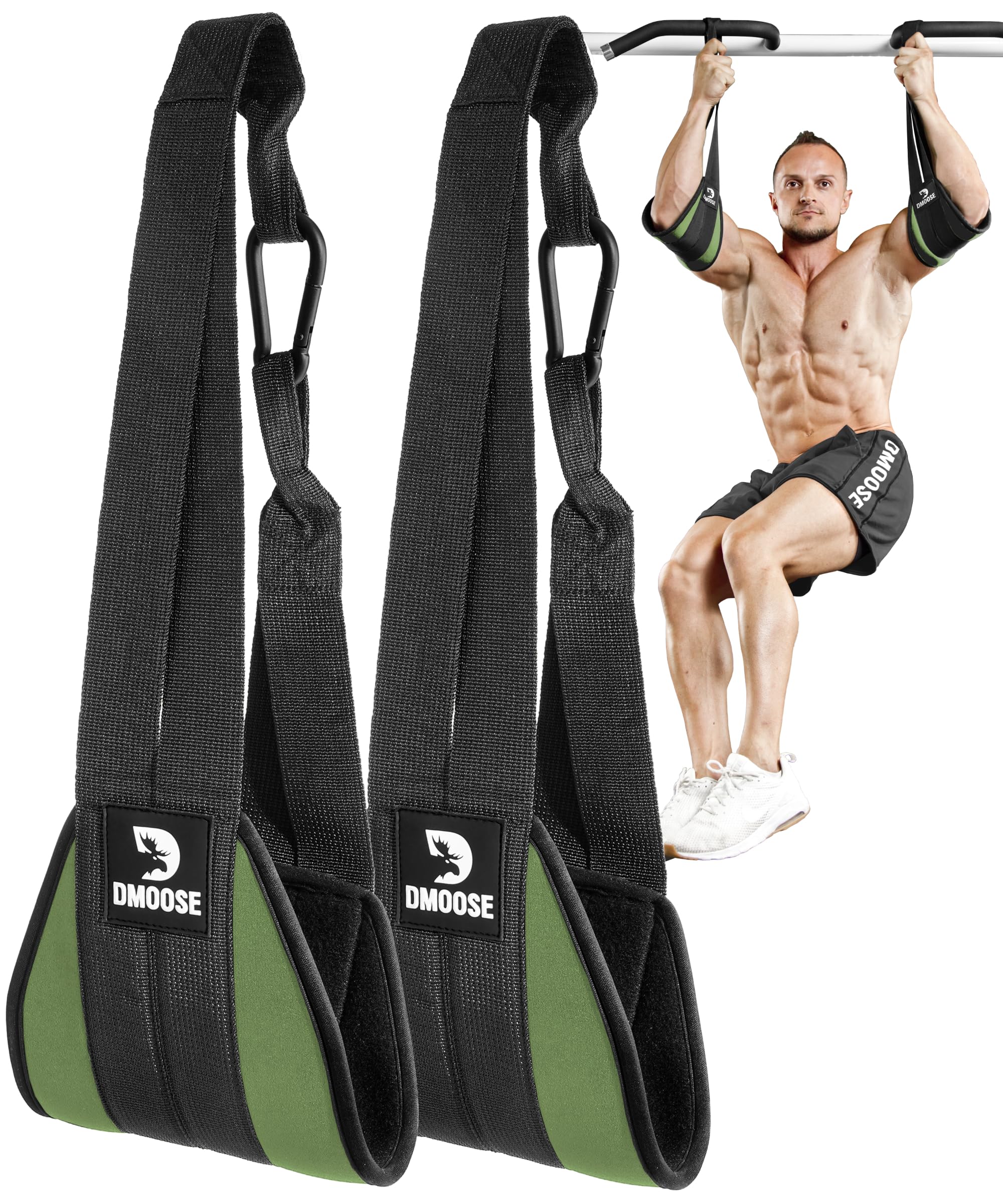 DMoose Fitness Hanging Ab Straps for Pull Up Bar & Core Strength Training - Exercise Straps for Ab Swing & Leg Raises, Hang Bar Strap with 2 Steel Carabiners - Abs Equipment for Home (Military Green)