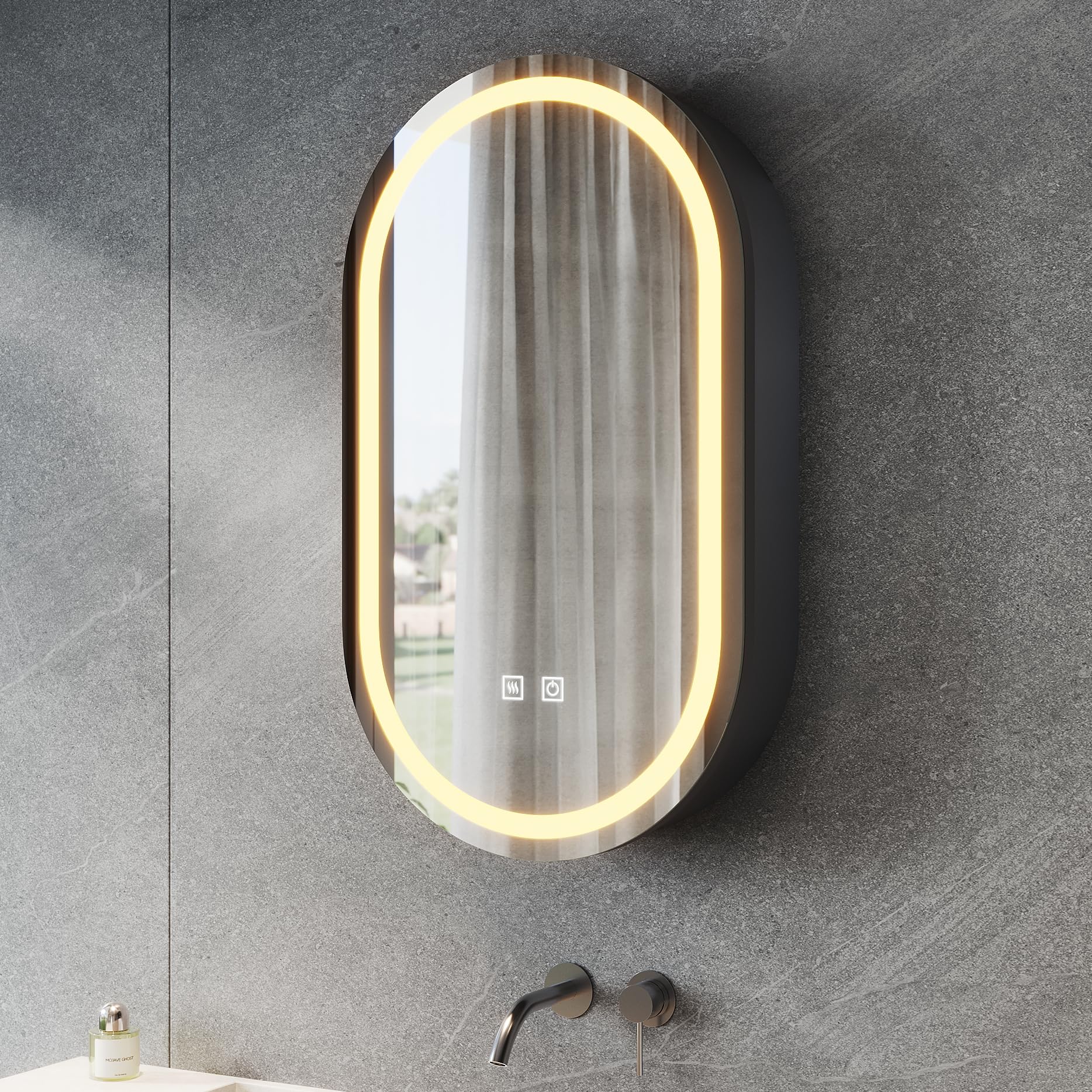 SONNI Armadietto a specchio da bagno con illuminazione e presa LED, interruttore touch, dimmabile, 3 colori luce regolabili, anti-appannamento, ovale, 40x70 cm, nero opaco